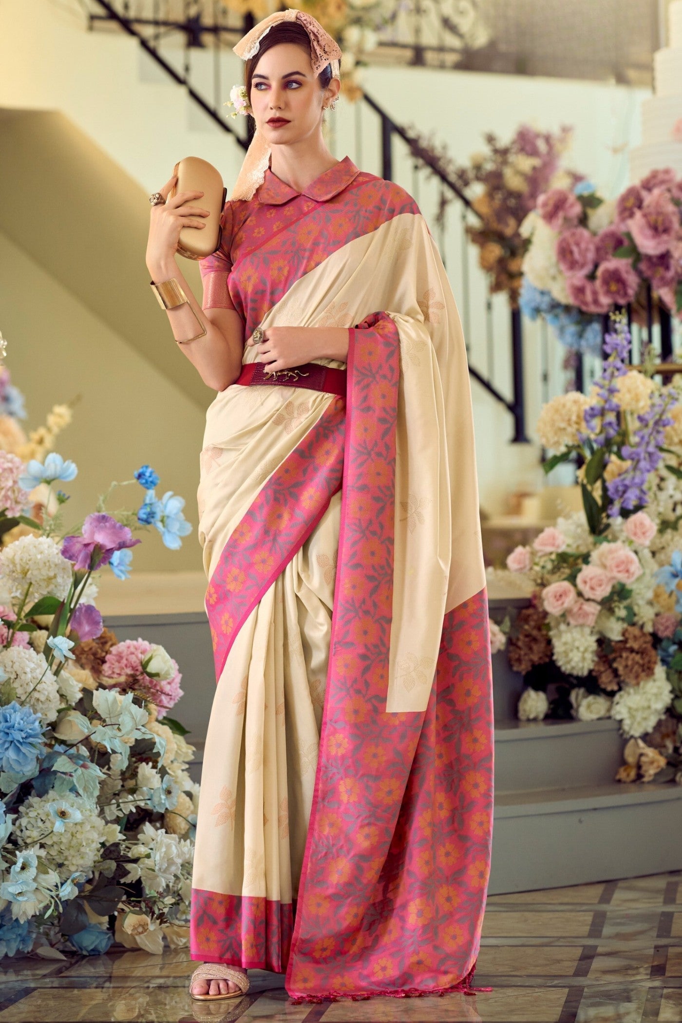 Sidecar Cream Woven Banarasi Soft Silk Saree