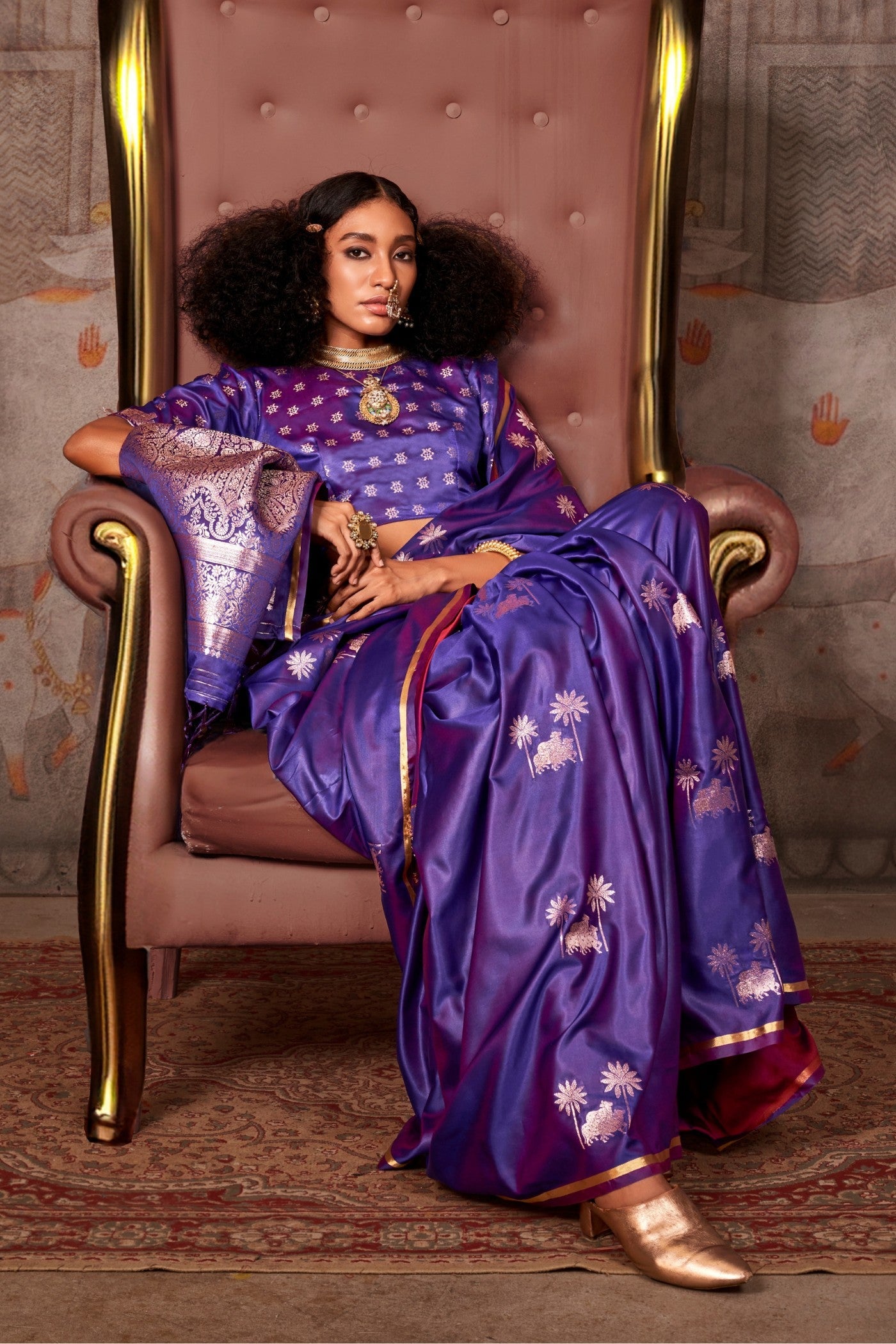 Violet Purple Banarasi Pichwai Satin Saree