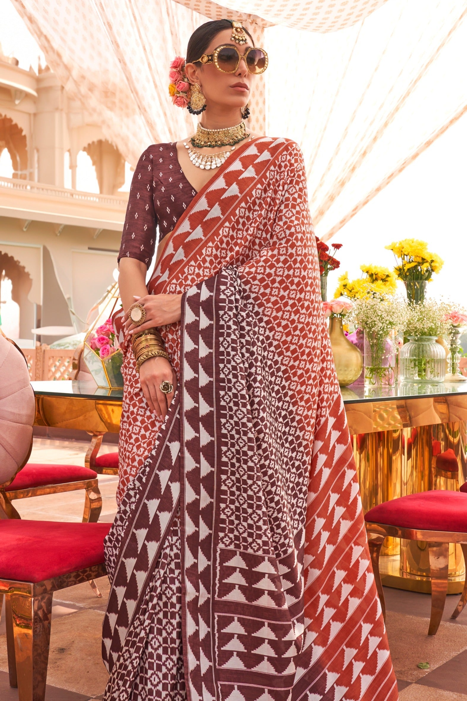 Fuzzy Orange and Brown Printed Patola Saree