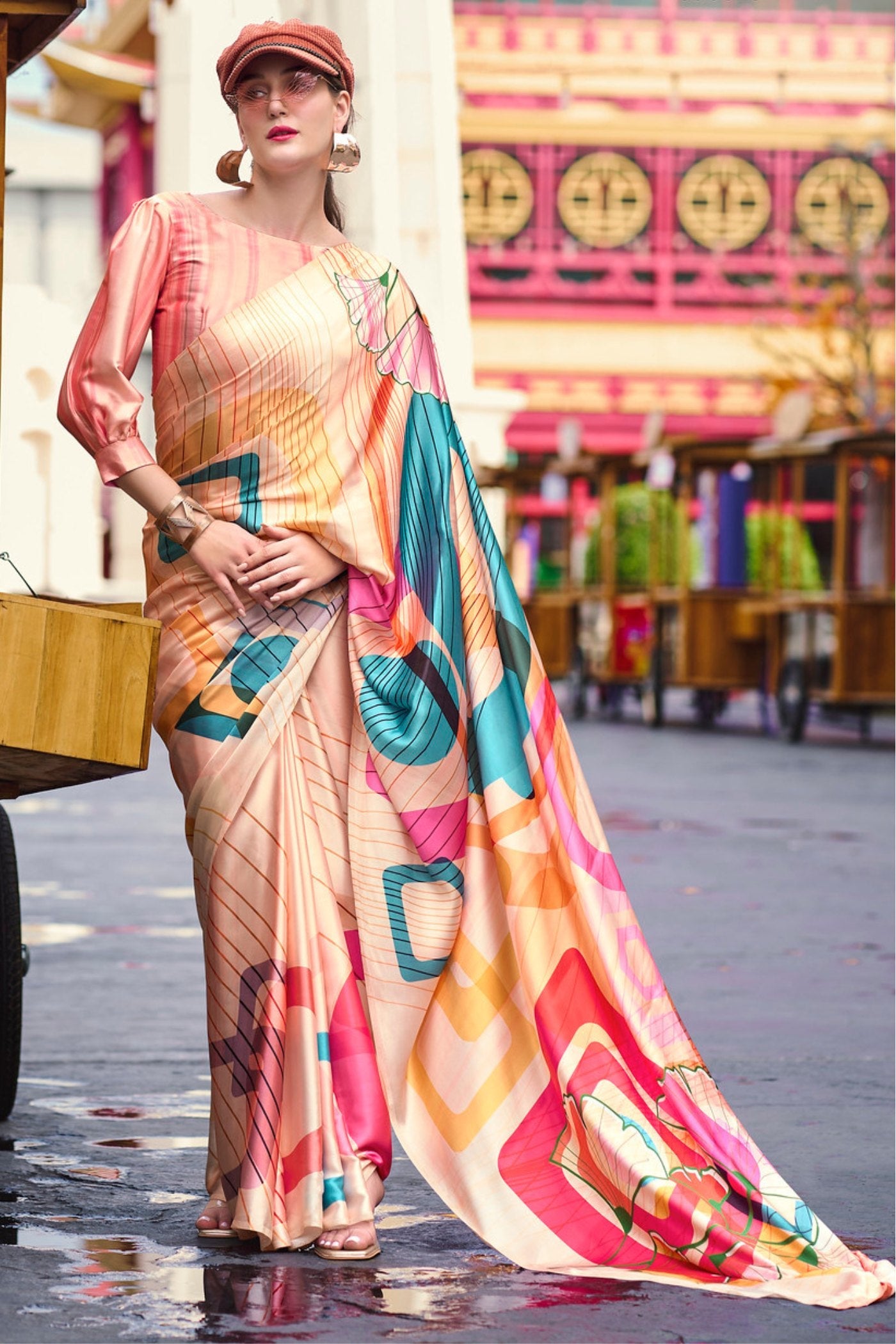 Chardonnay Orange Printed Satin Crepe Silk Saree