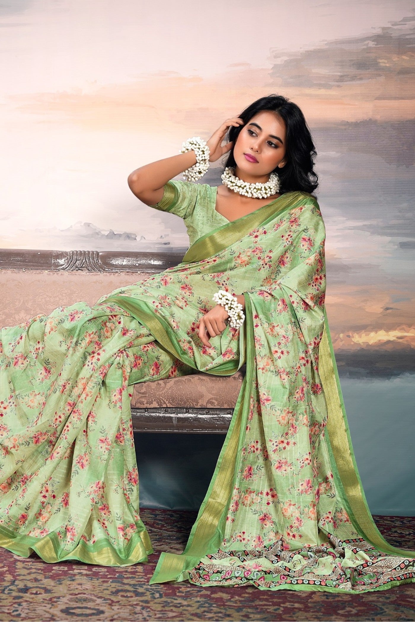 Gurkha Green Digital Printed Cotton Saree