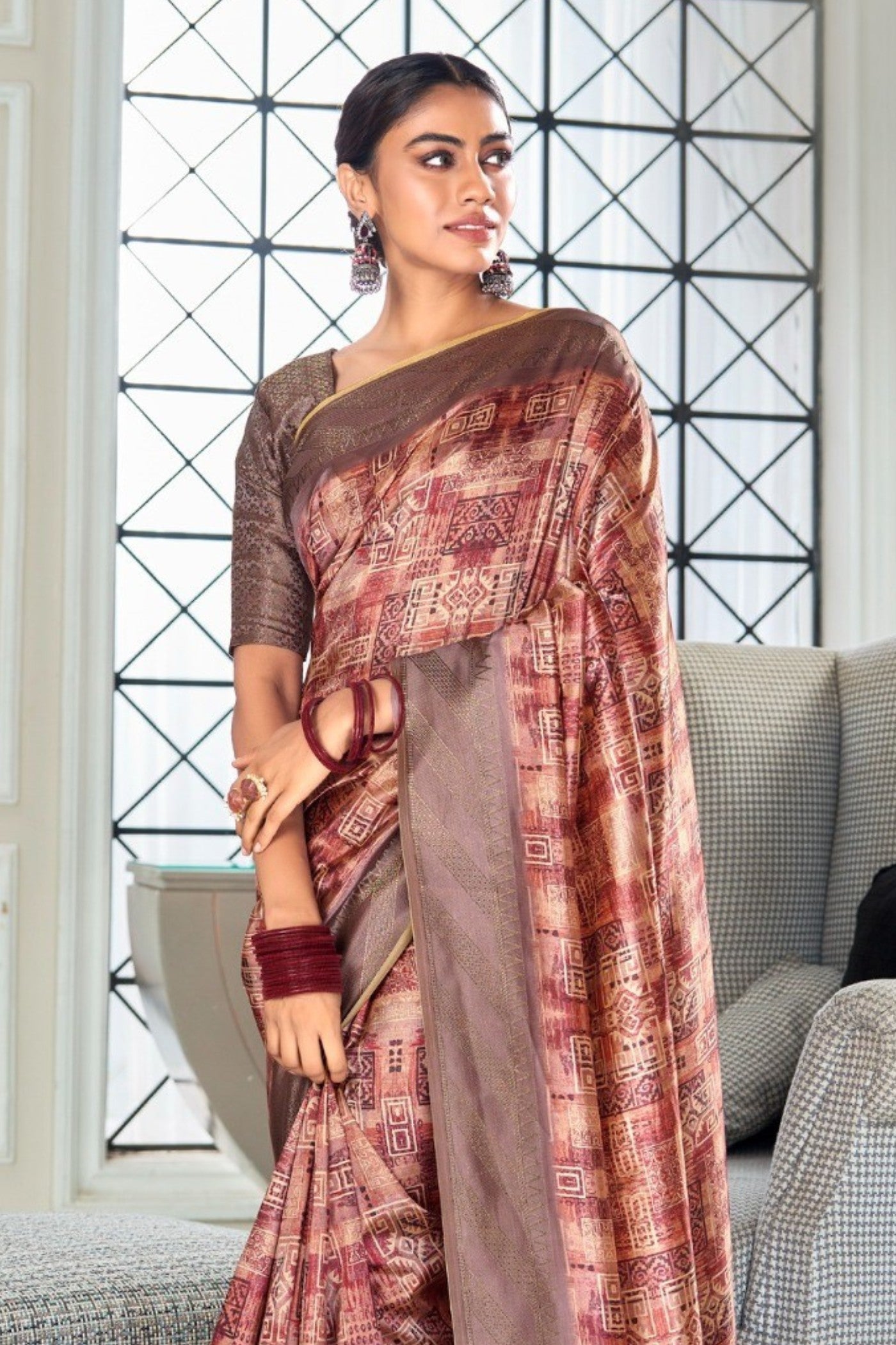 Copper Penny Brown Digital Printed Banarasi Saree