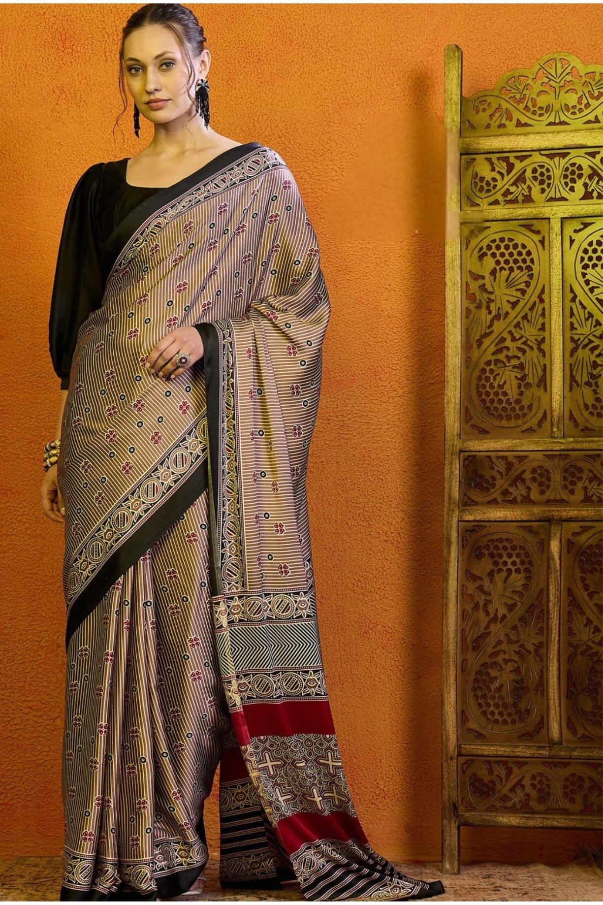 Americano Grey Printed Ajrakh Satin Crepe Saree