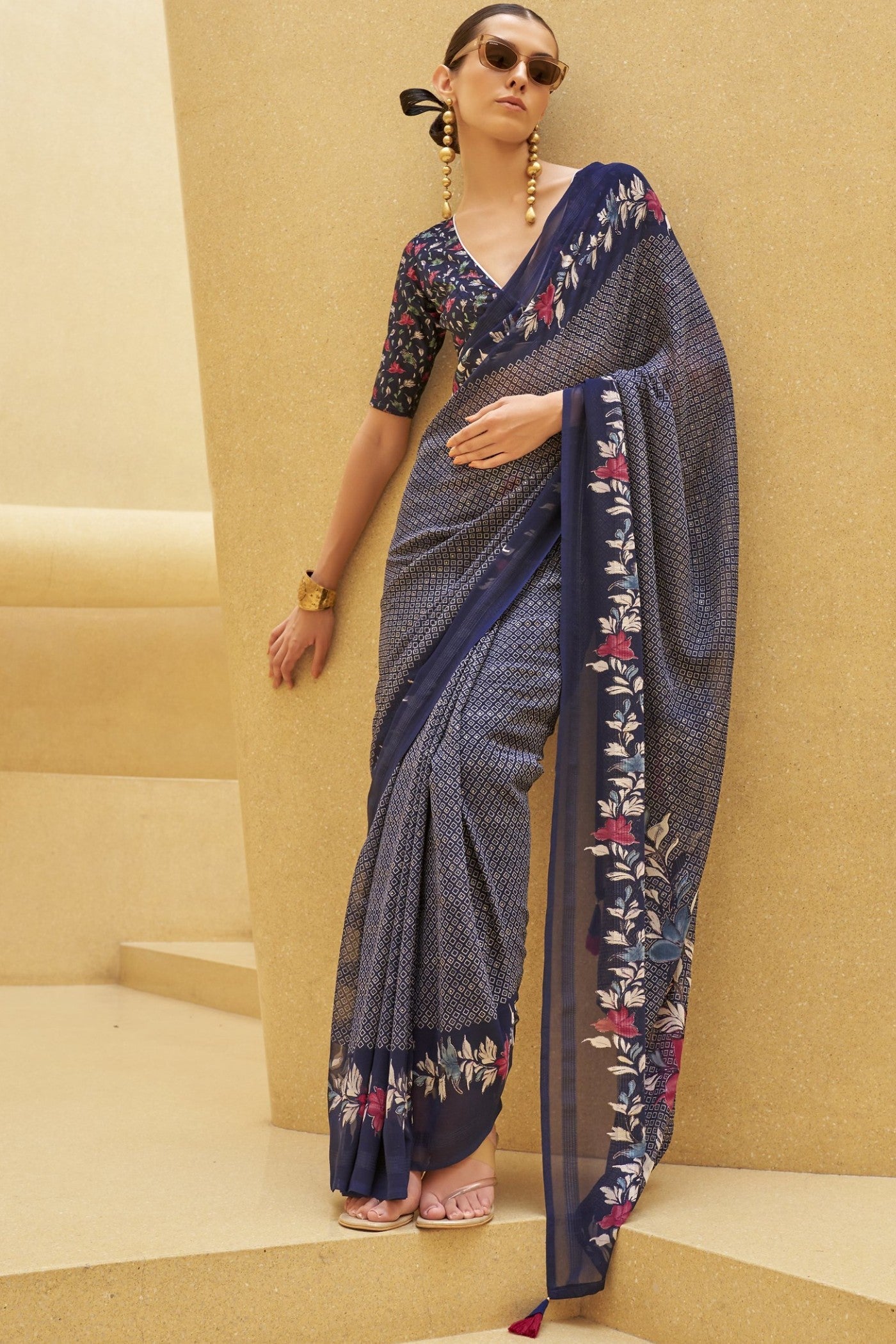 Mulled Blue Georgette Printed Saree