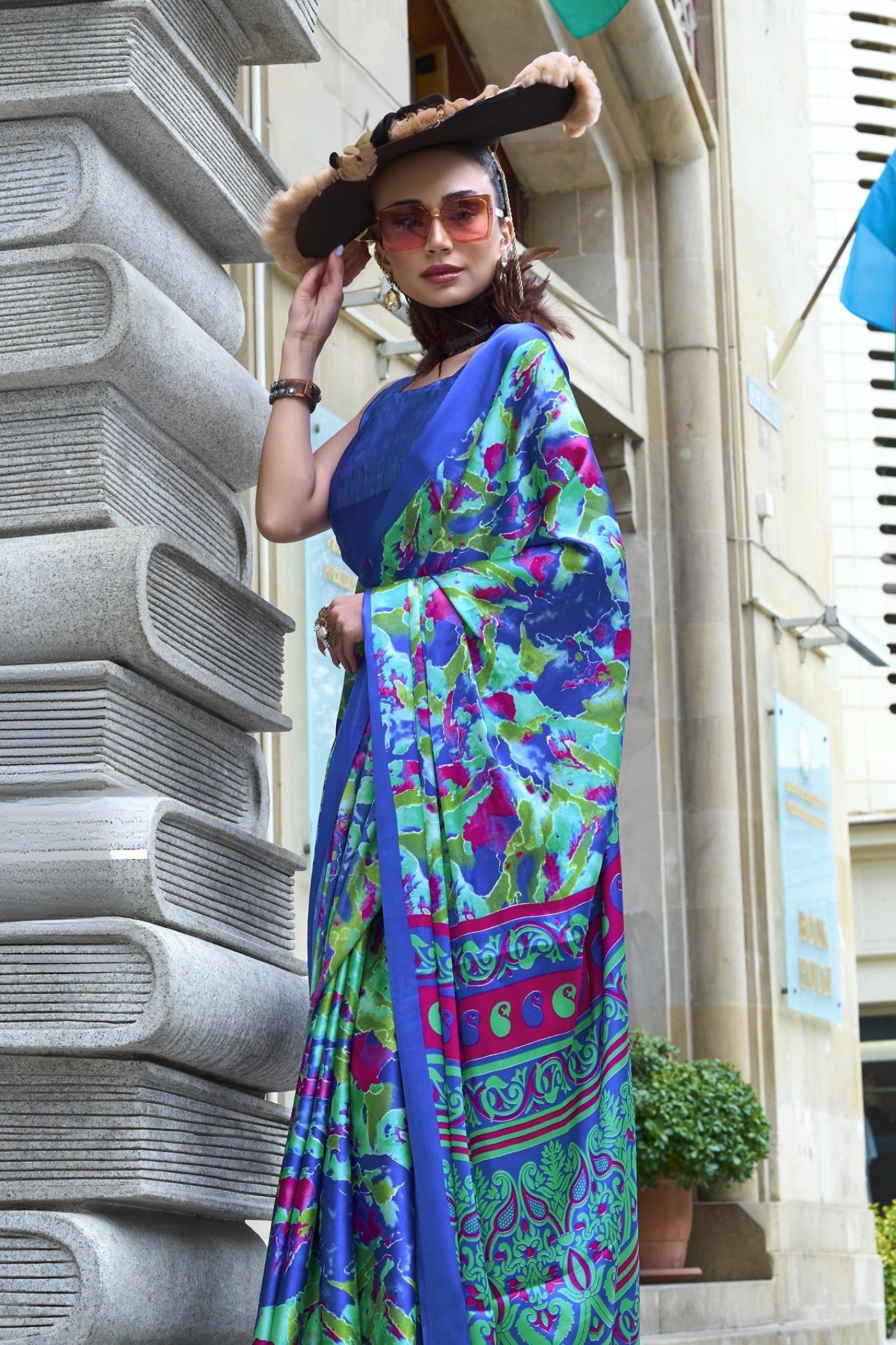 Denim Blue Printed Satin Crepe Silk Saree