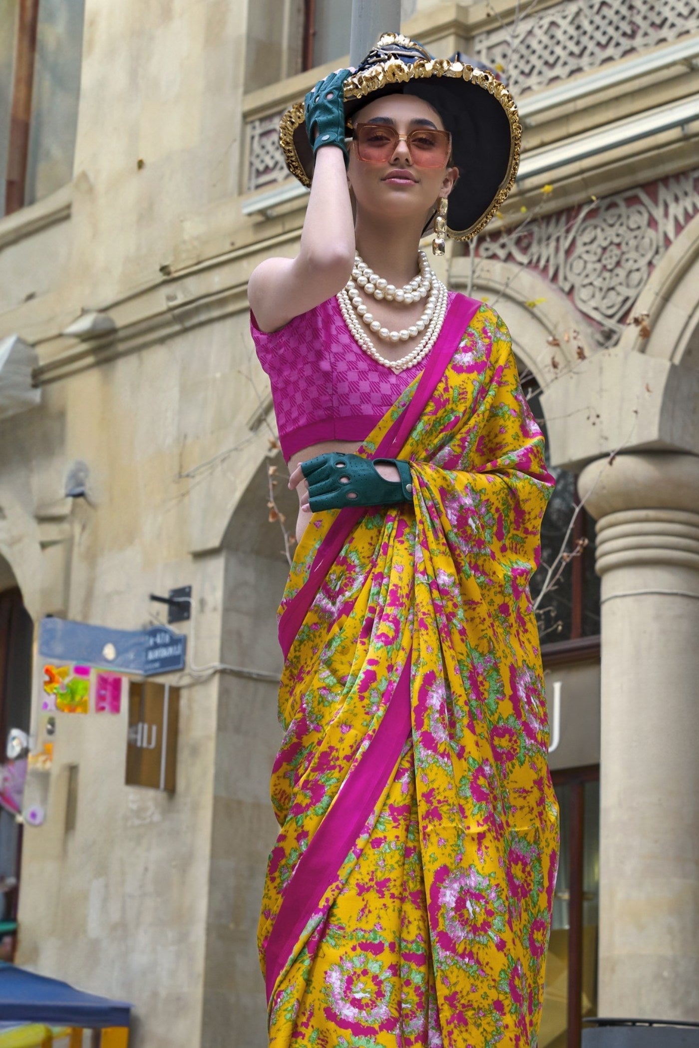 Dijon Yellow and Pink Printed Satin Crepe Silk Saree