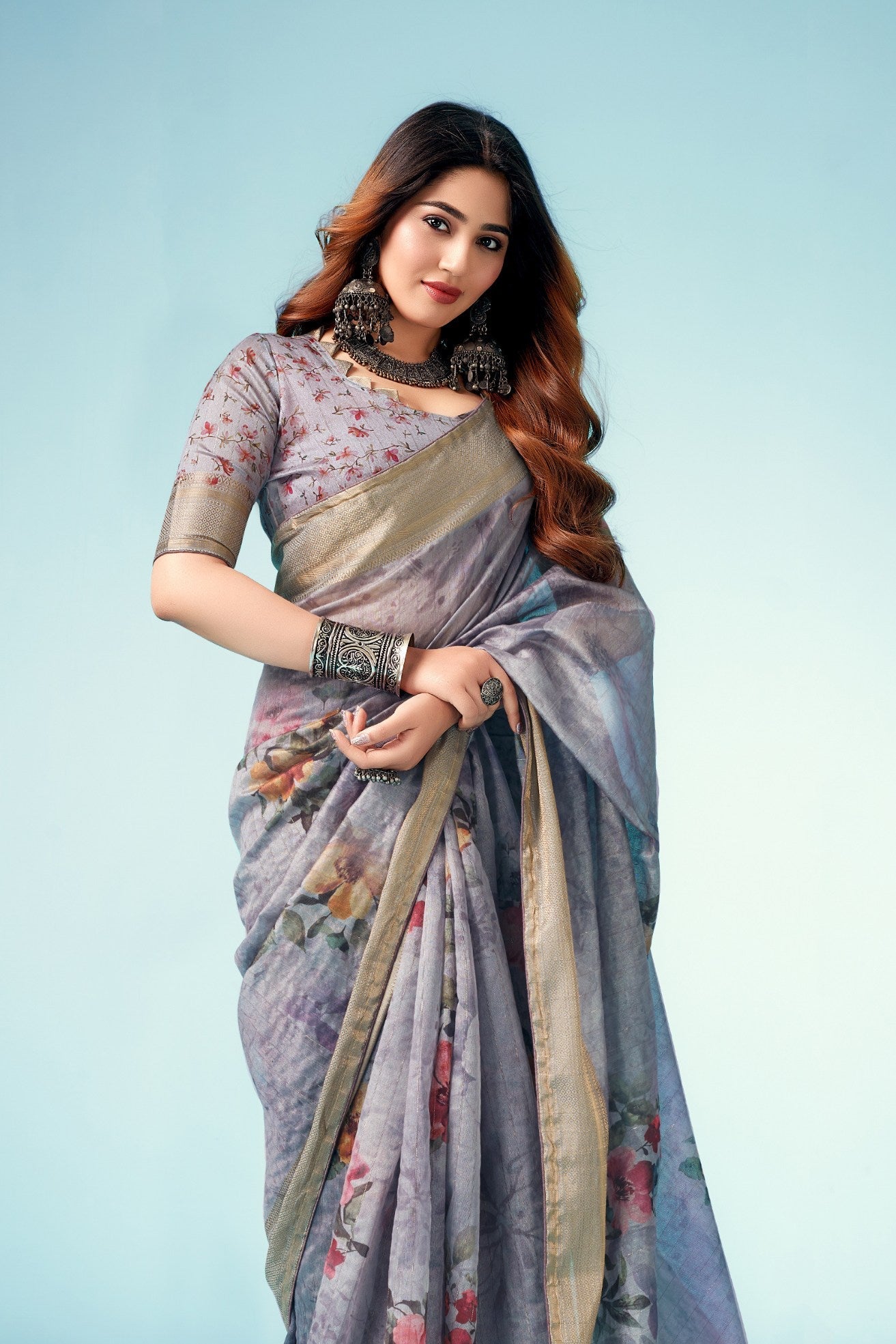 Chatelle Grey Floral Linen Saree