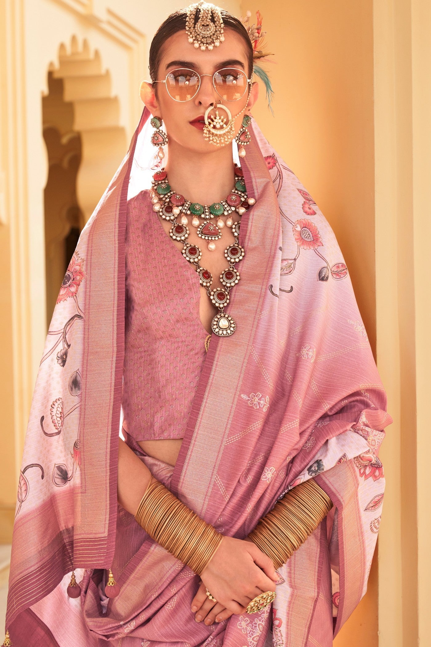 Mauvelous Pink Floral Printed Banarasi Saree