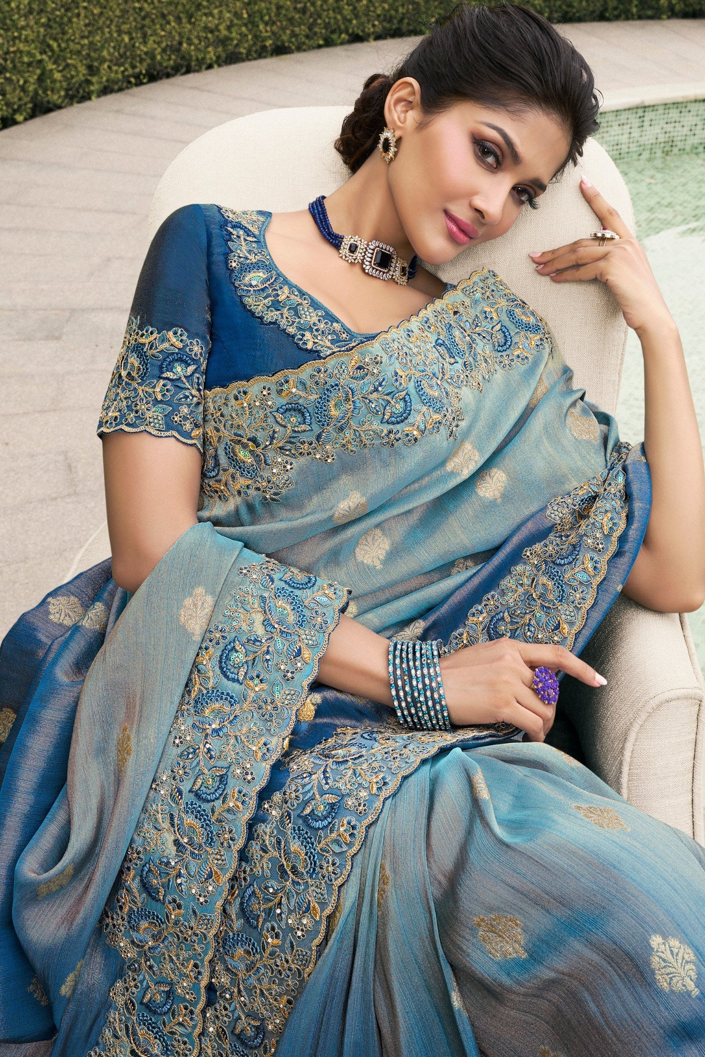 Lynch Blue Banarasi Designer Embroidered Saree