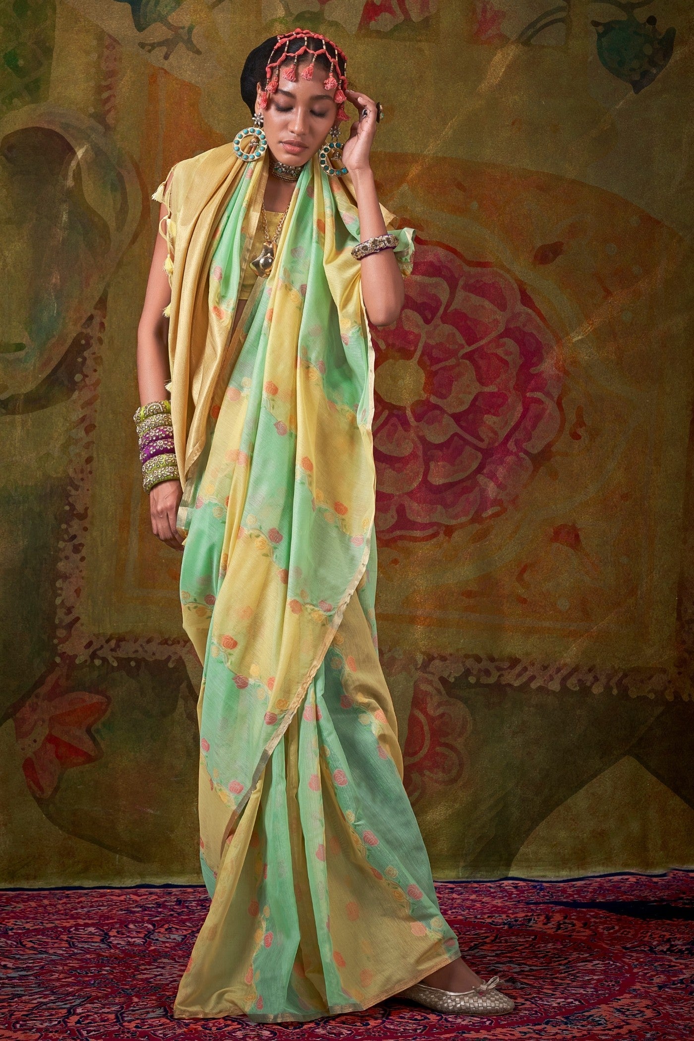 Hillary Green and Yellow Banarasi Handloom Saree