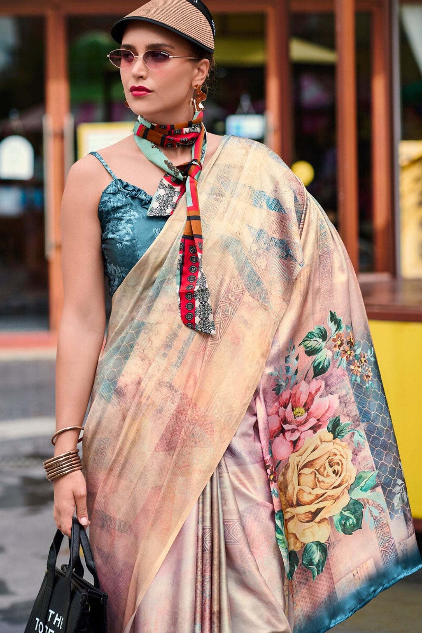 Almond Cream Printed Satin Crepe Silk Saree