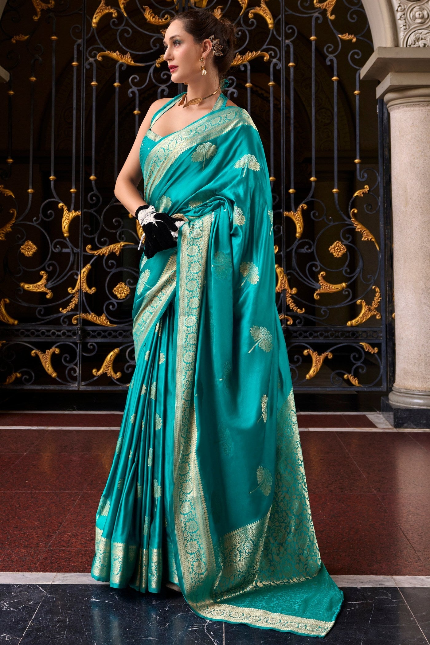 Olumpic Blue Handloom Satin Silk Saree