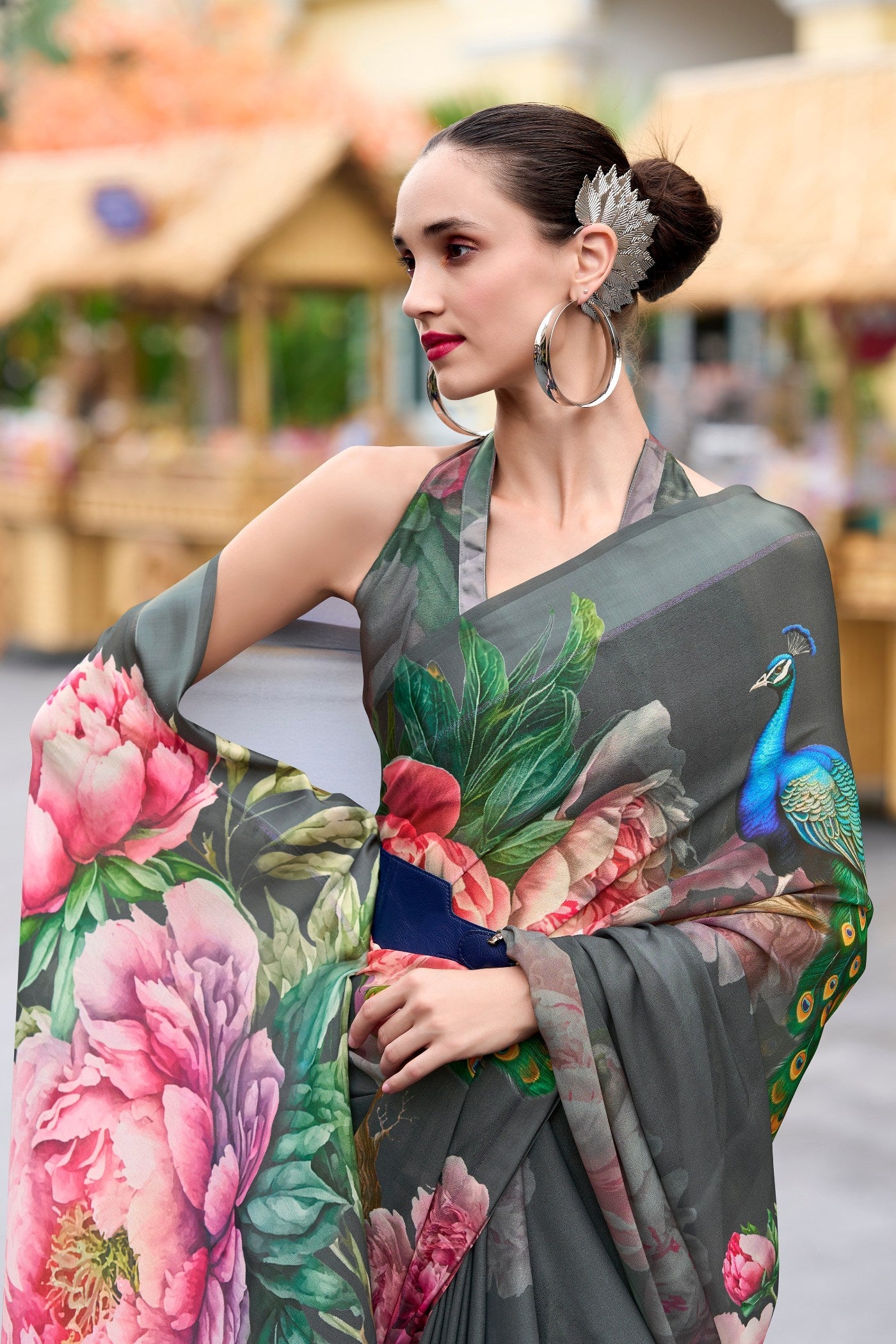 Sandstone Grey Printed Georgette Saree