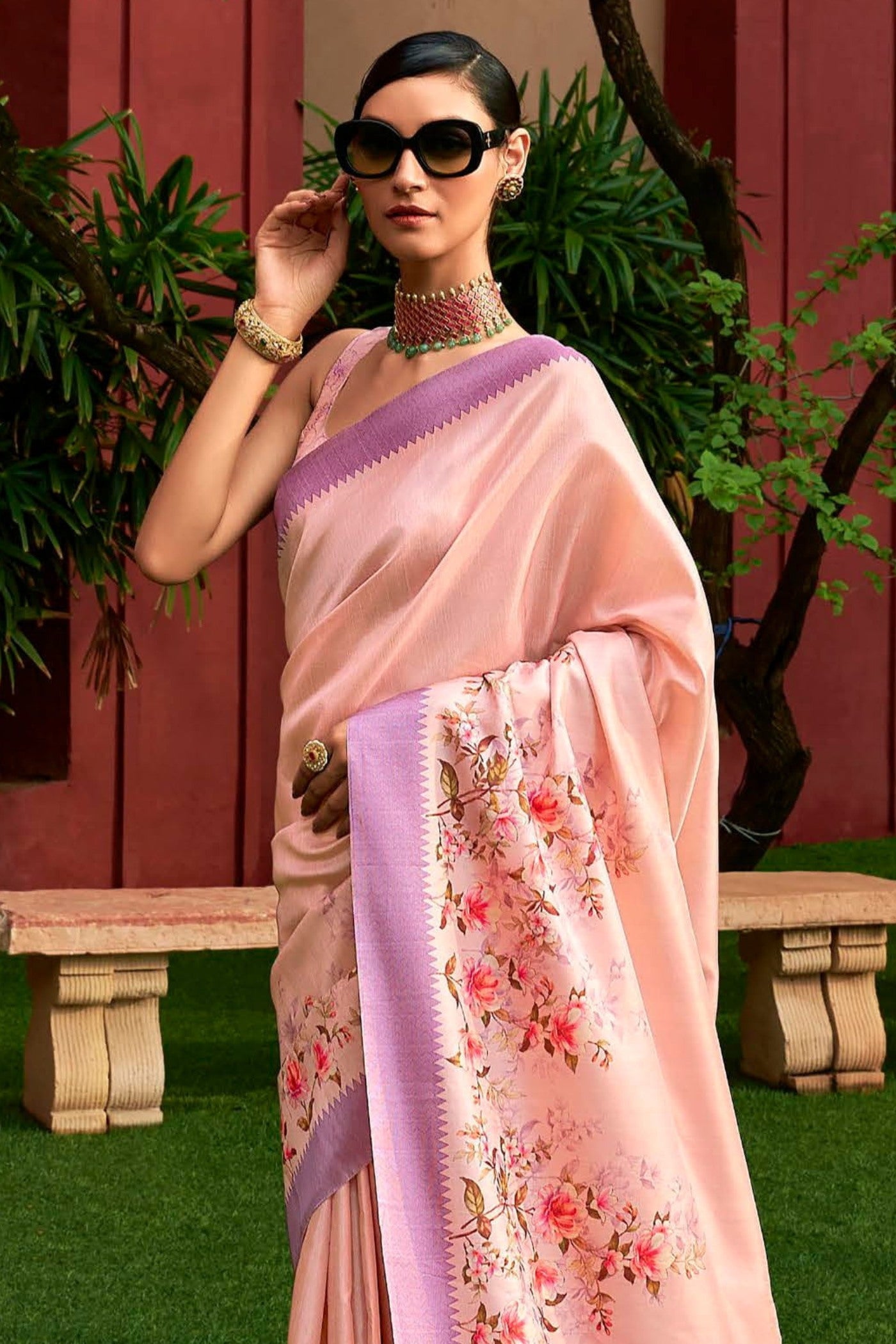 Melon Pink Digital Printed Banarasi Saree