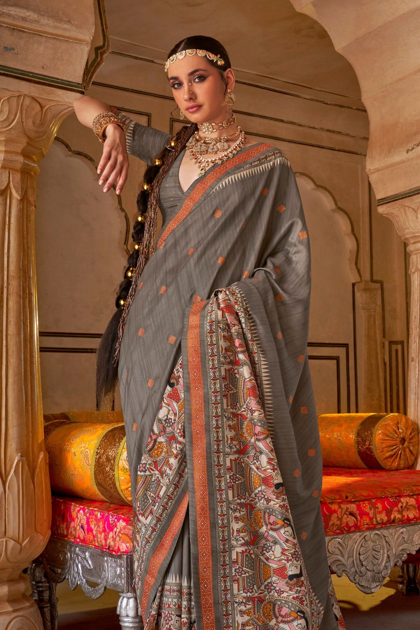 Porpoise Grey Printed Patola Saree