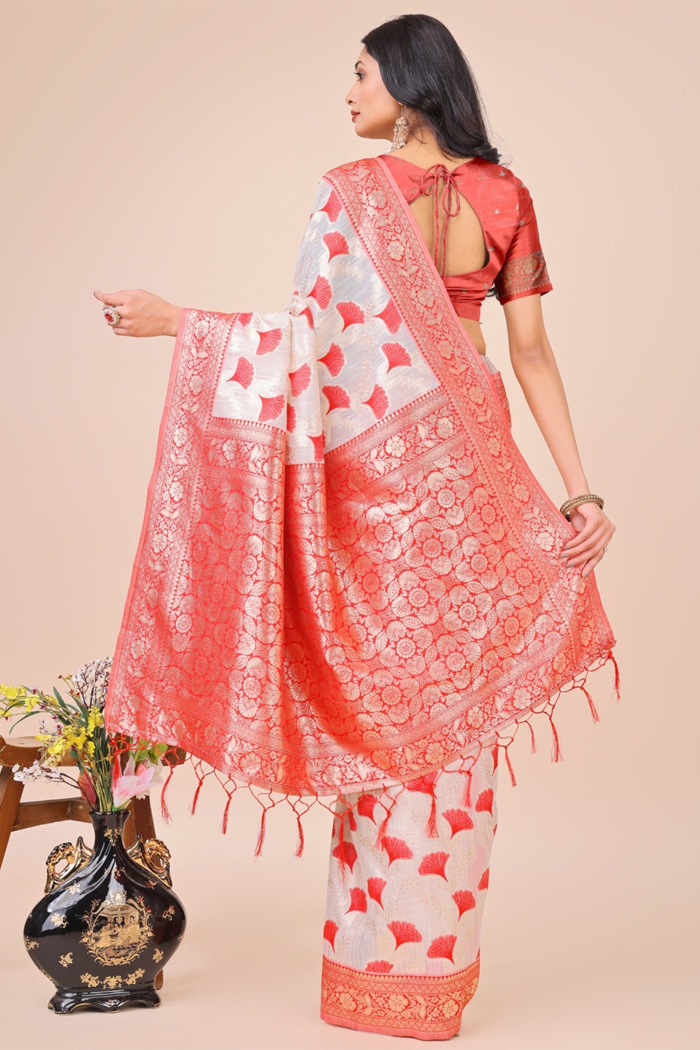 Lace White and Red Linen Cotton Saree