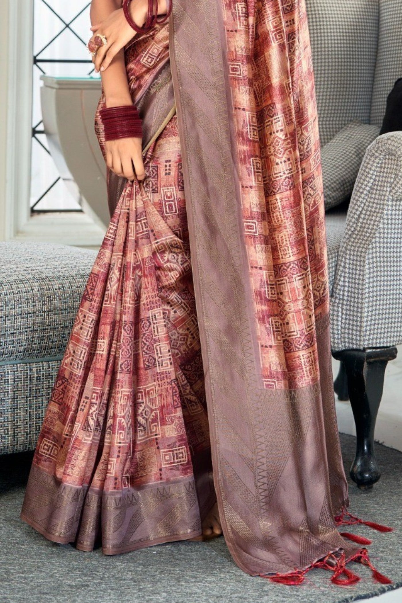 Copper Penny Brown Digital Printed Banarasi Saree