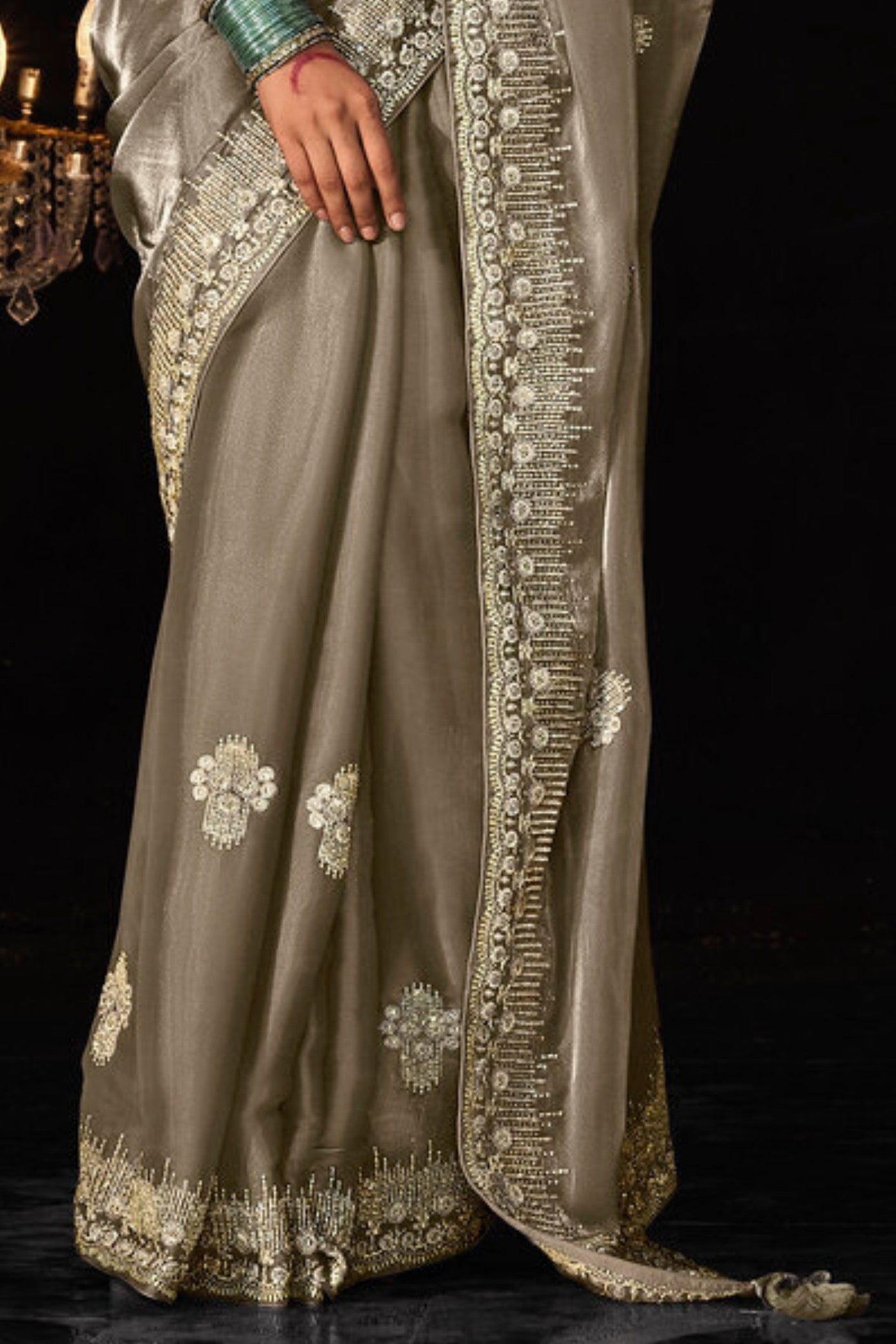 Gold Shade Brown Tissue Embroidered Designer Saree