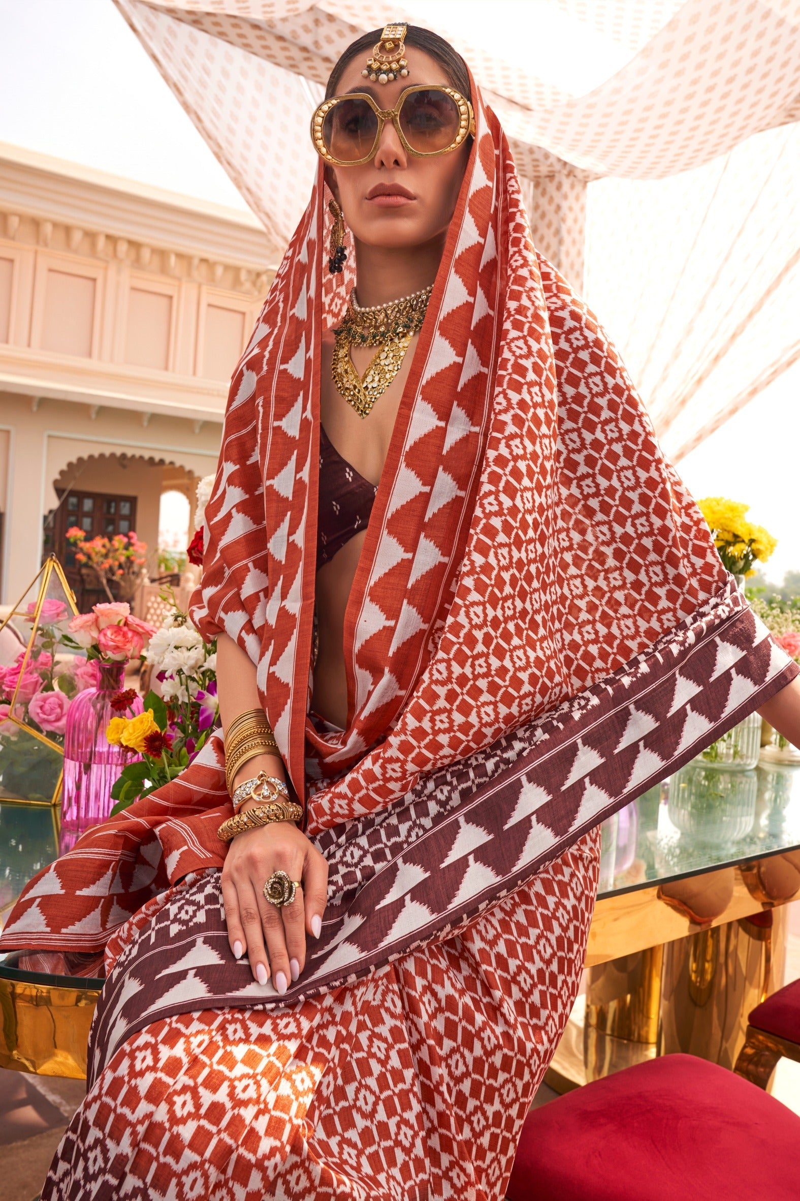 Fuzzy Orange and Brown Printed Patola Saree