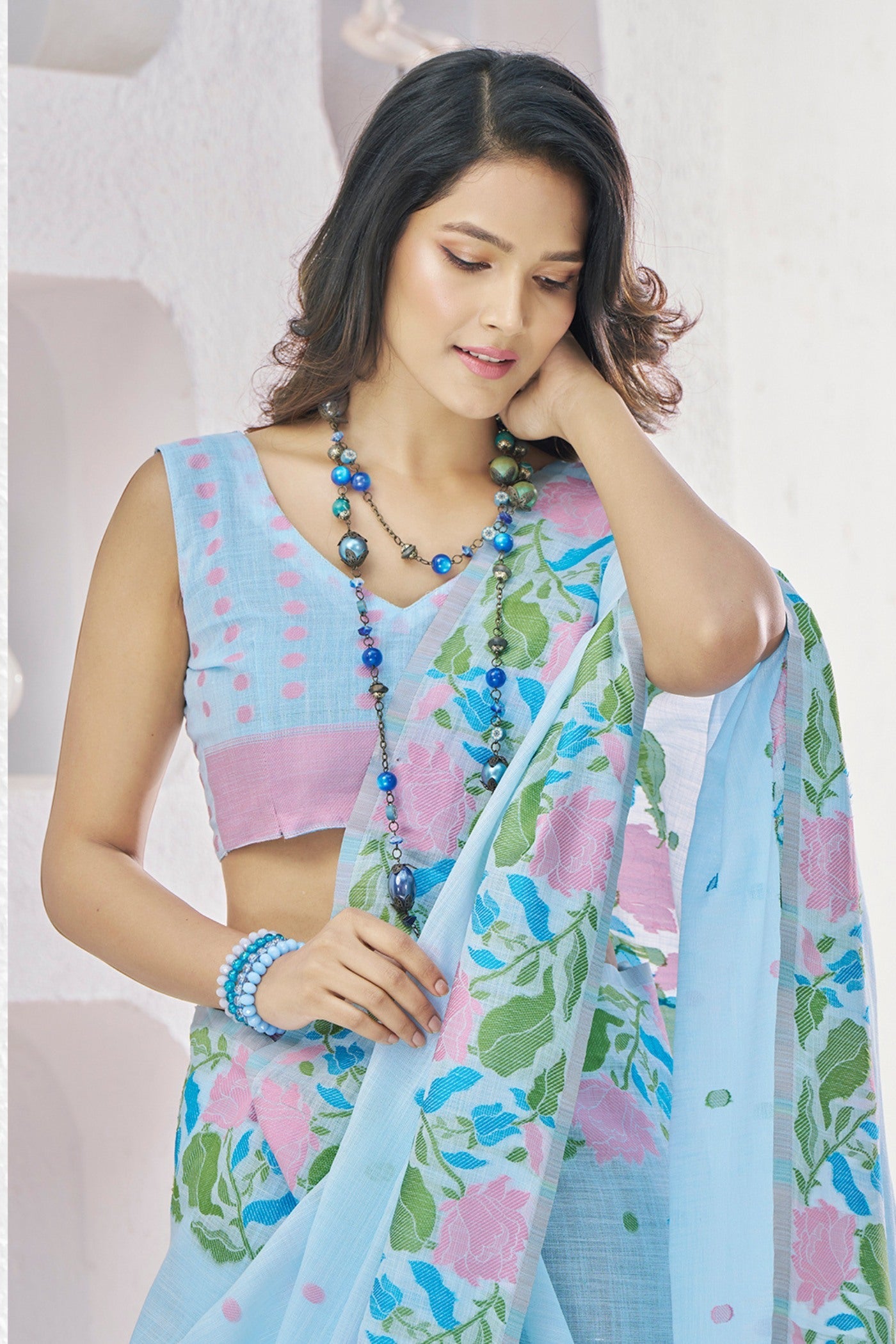 Morning Glory Blue Printed Linen Saree