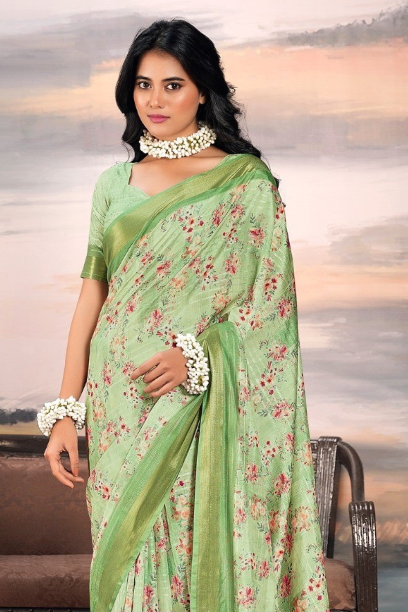 Gurkha Green Digital Printed Cotton Saree