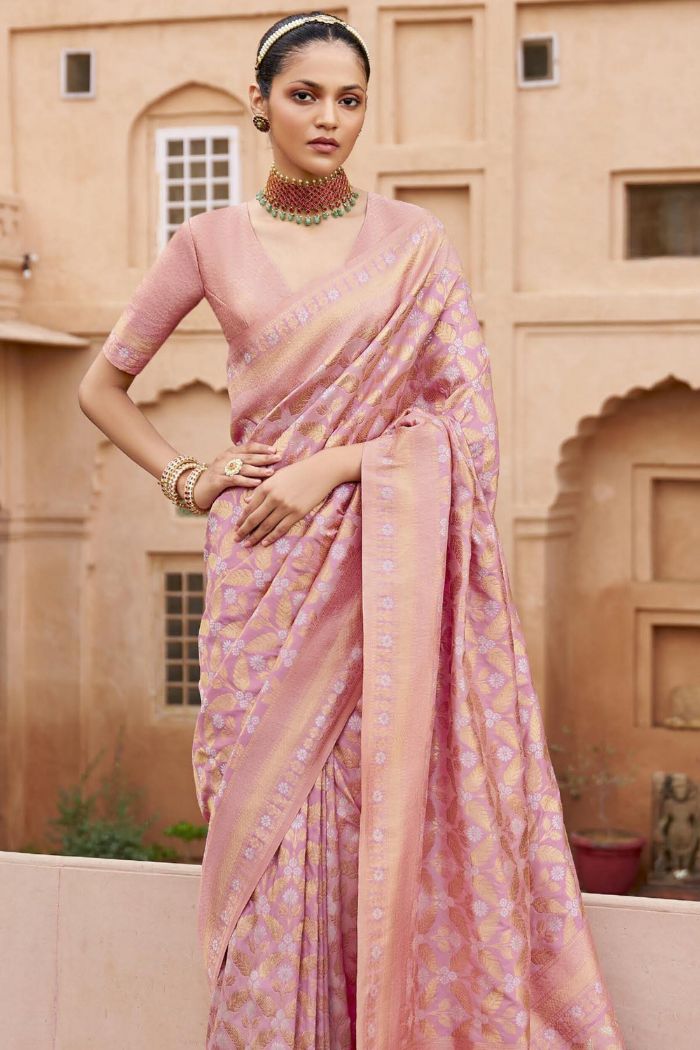 Shimmer Pink Woven Banarasi Saree