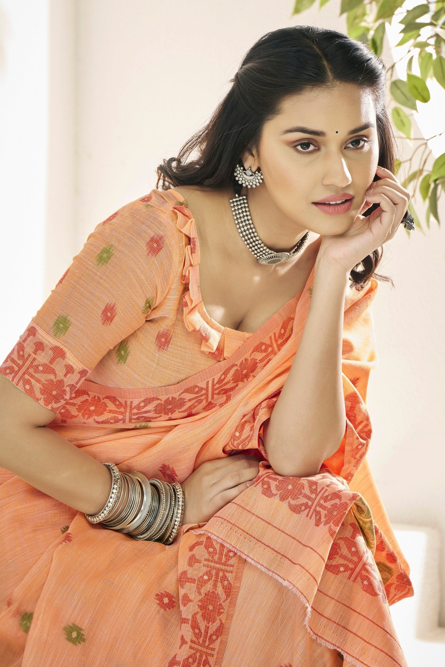 Apricot Peach Woven Linen Saree