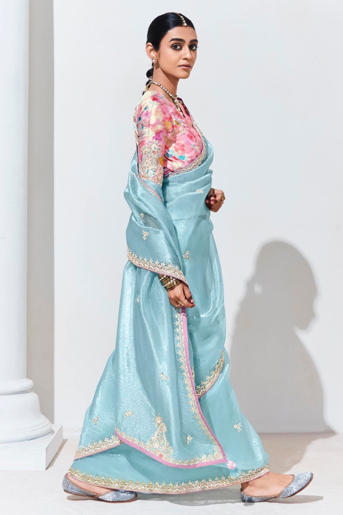 Sinbad Blue Tissue Organza Designer Partywear Saree