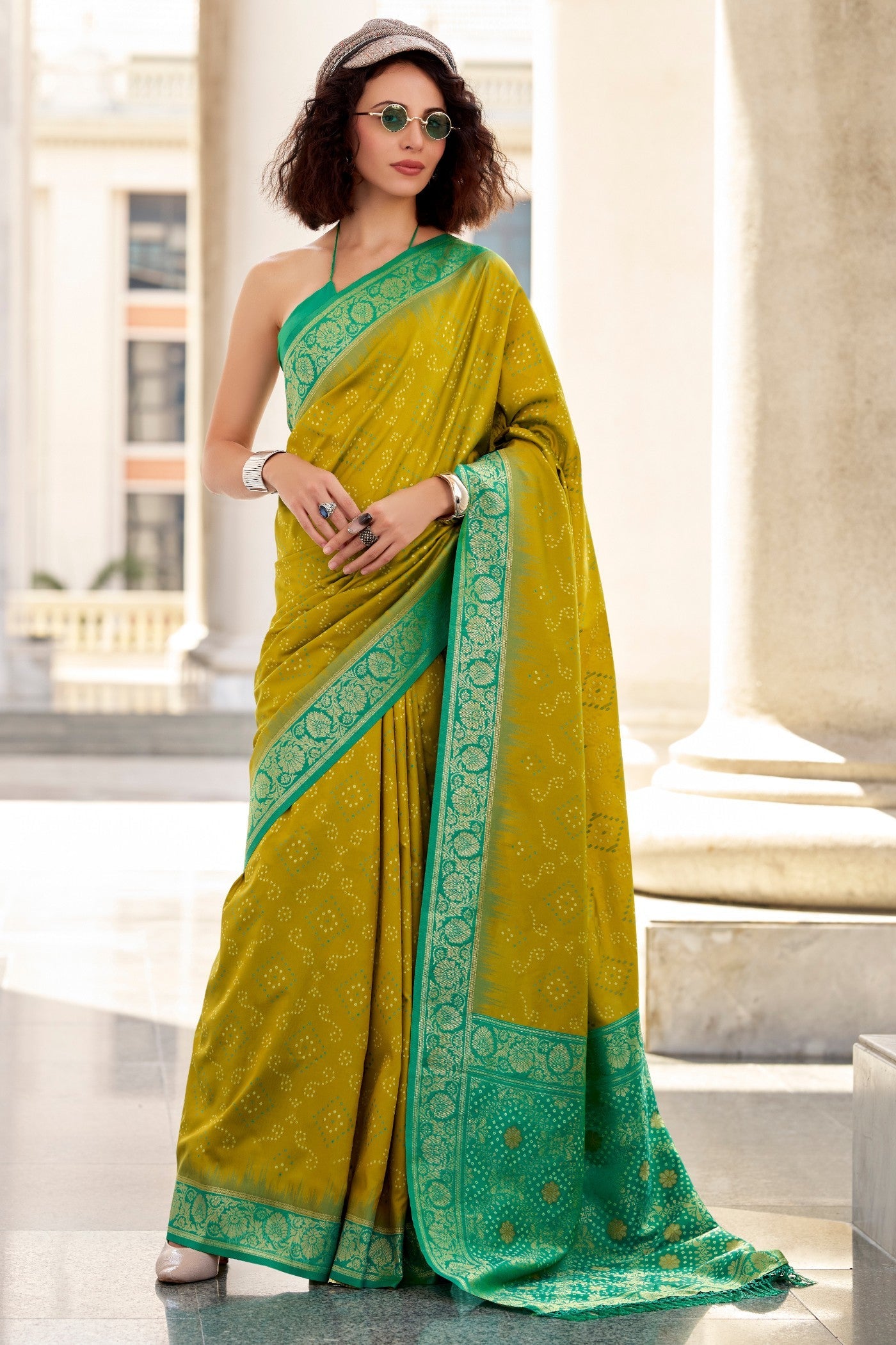 Corn Harvest Green Woven Banarasi Bandhani Soft Silk Saree