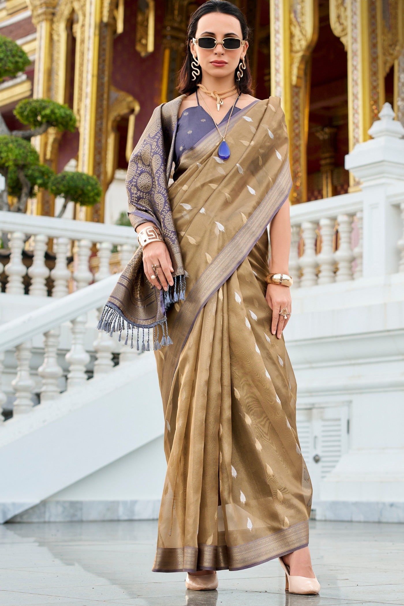 Bistre Brown Tissue Silk Saree