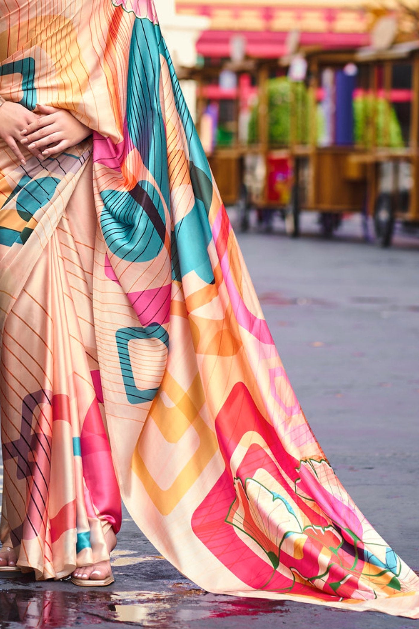 Chardonnay Orange Printed Satin Crepe Silk Saree