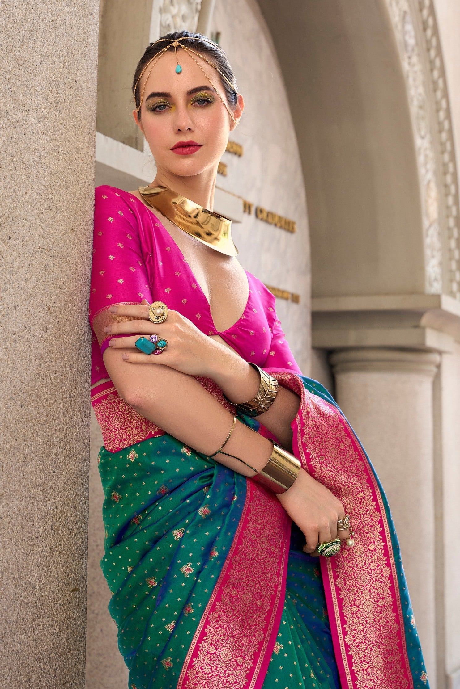 Plantation Green and Pink Zari Woven Banarasi Soft Silk Saree