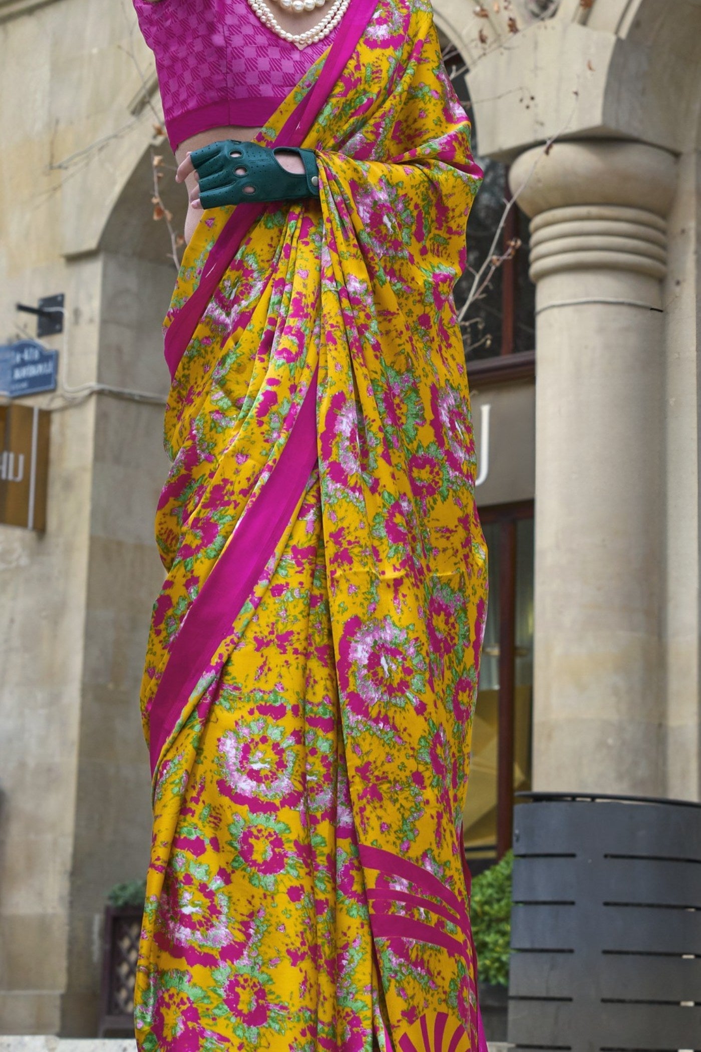 Dijon Yellow and Pink Printed Satin Crepe Silk Saree