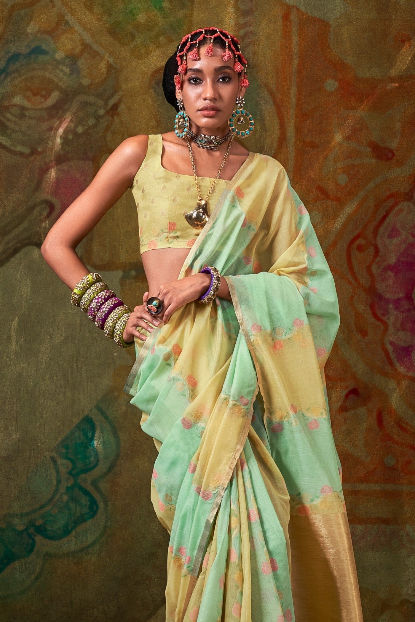 Hillary Green and Yellow Banarasi Handloom Saree