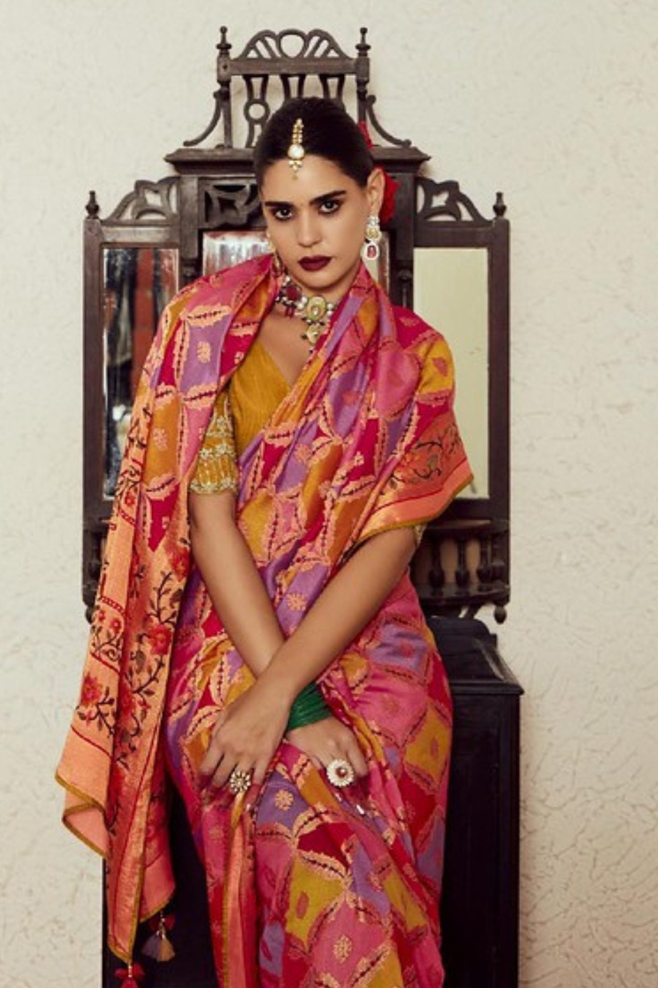 Multicolor Orange Printed Brasso Soft Silk Saree