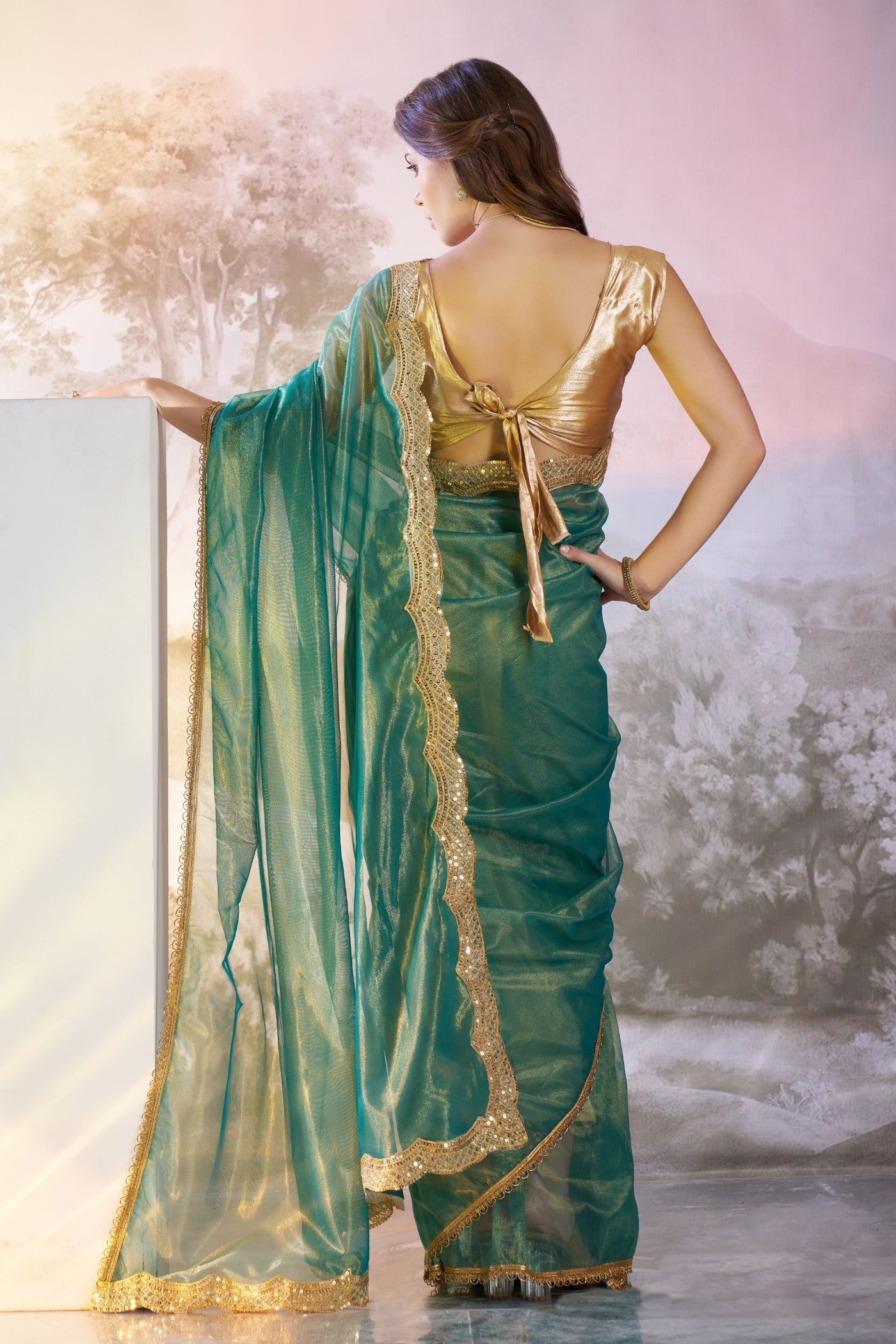 Dark Aqua Blue Partywea Net Saree