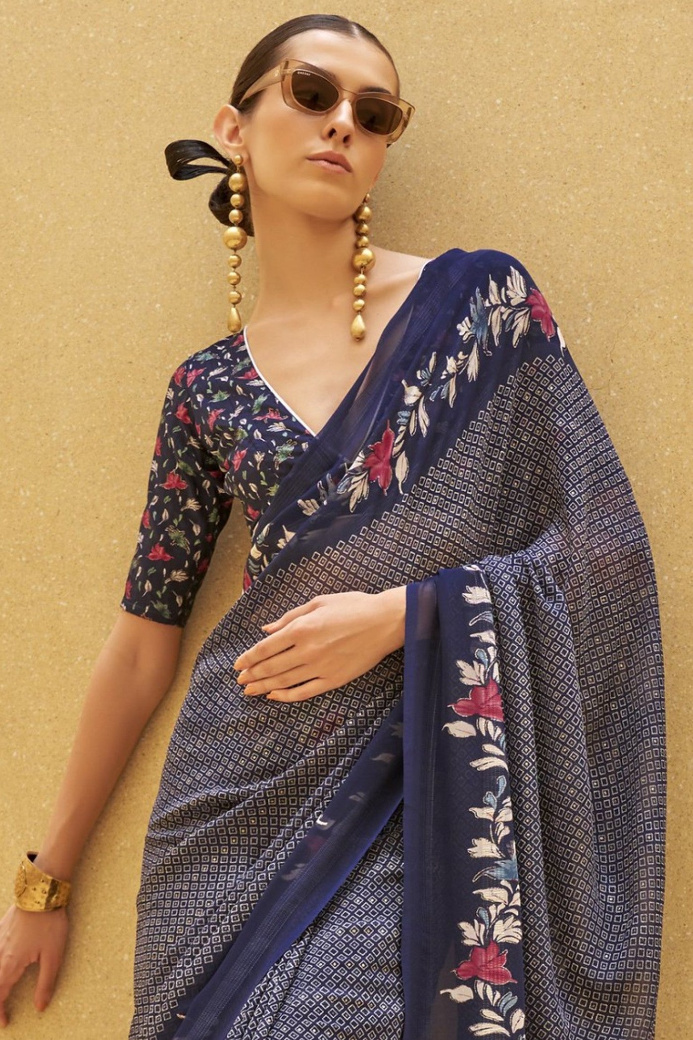 Mulled Blue Georgette Printed Saree