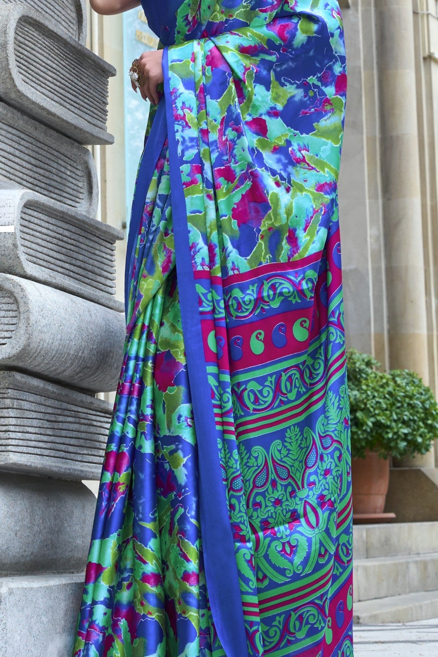 Denim Blue Printed Satin Crepe Silk Saree