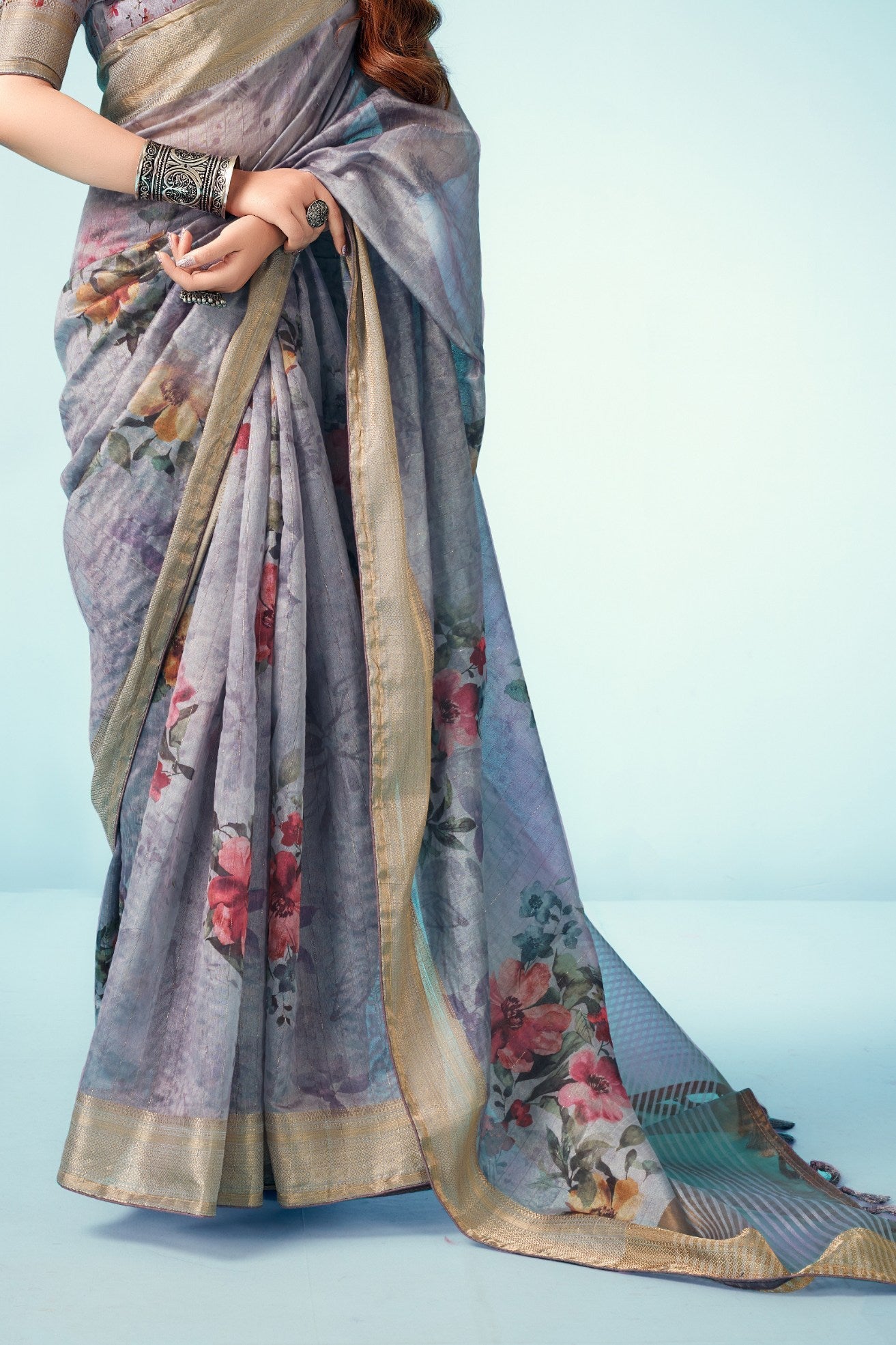 Chatelle Grey Floral Linen Saree