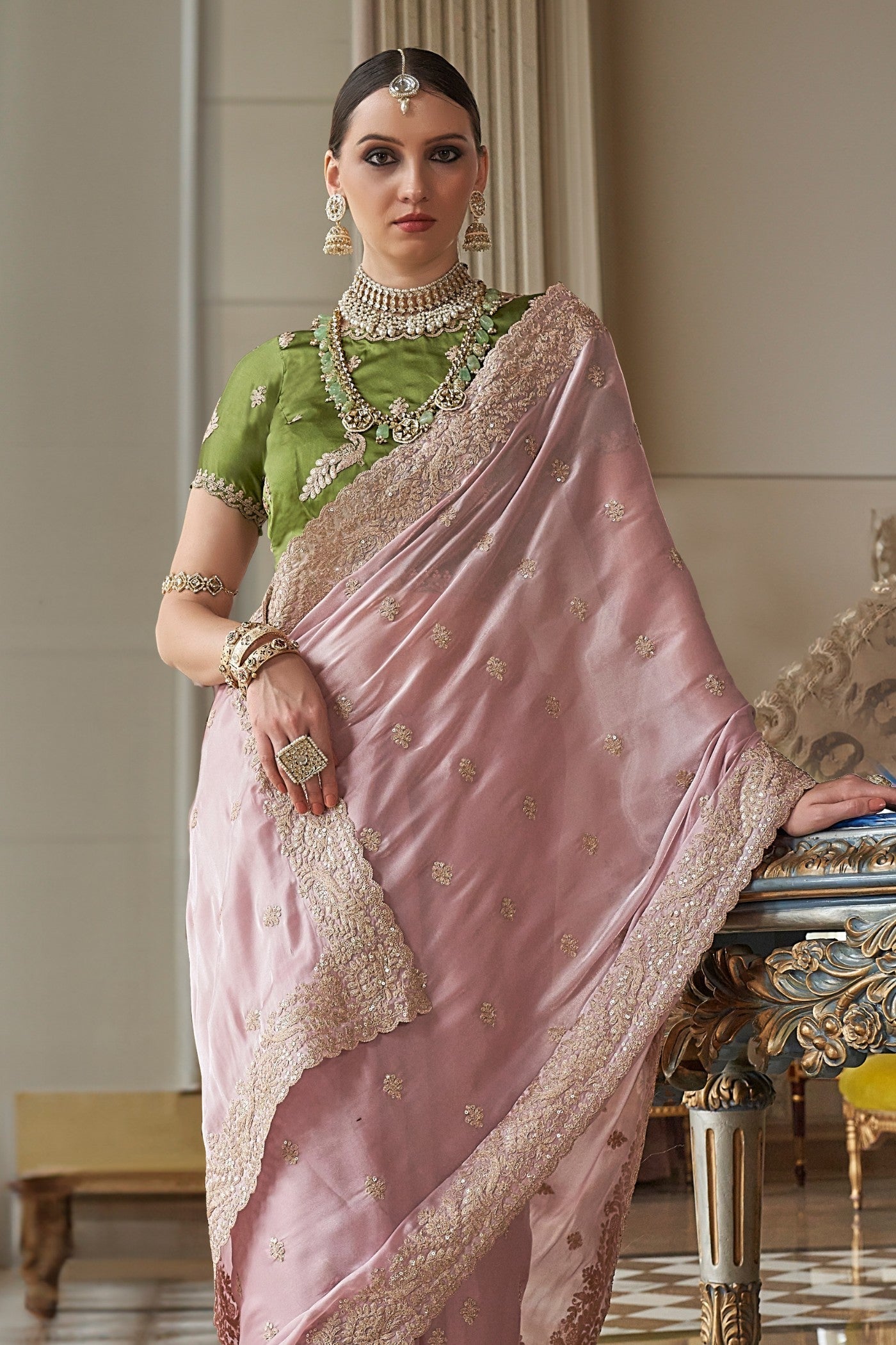 Brandy Rose Pink Tissue Designer Saree