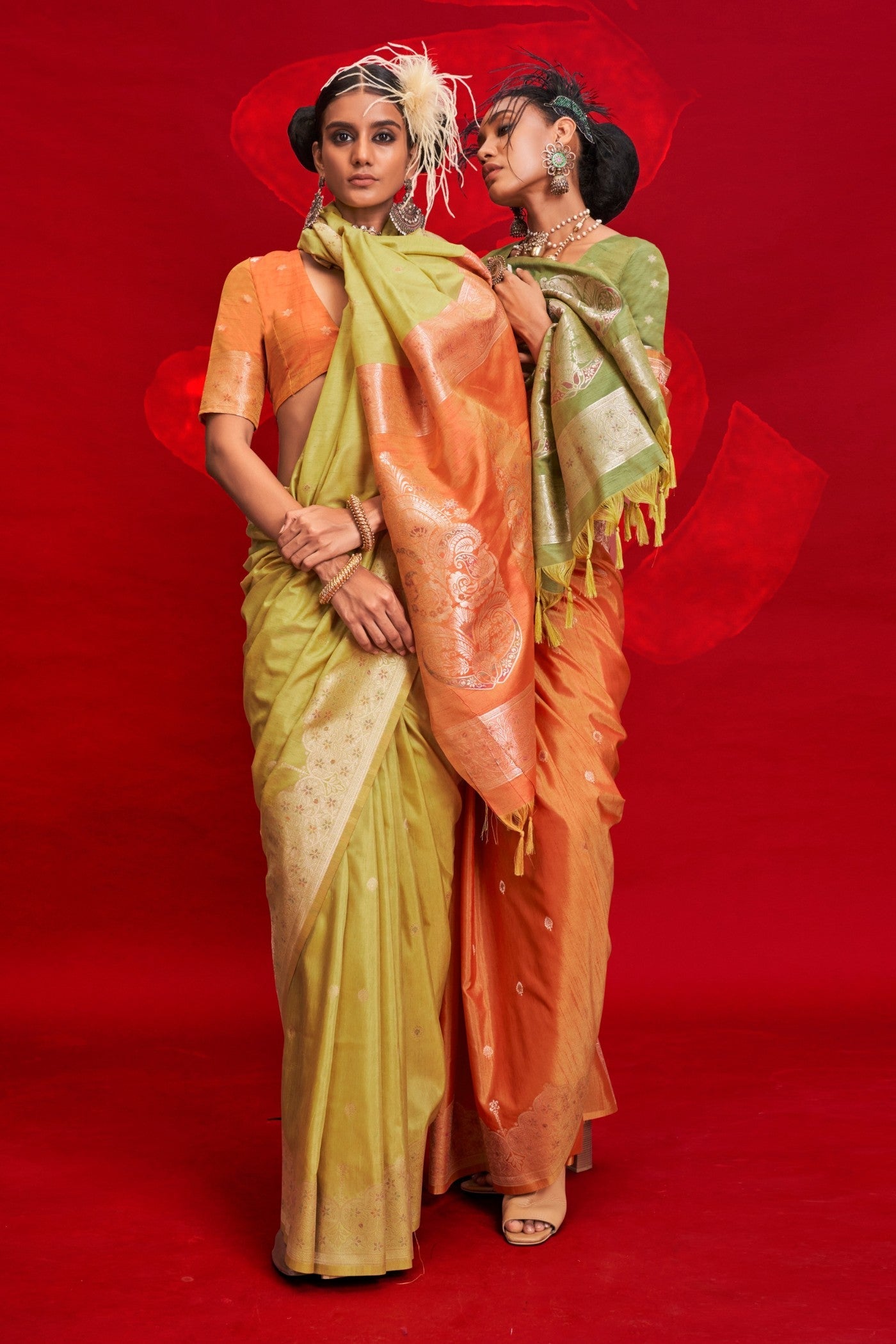 Apricot Orange Tussar Handloom Silk Saree