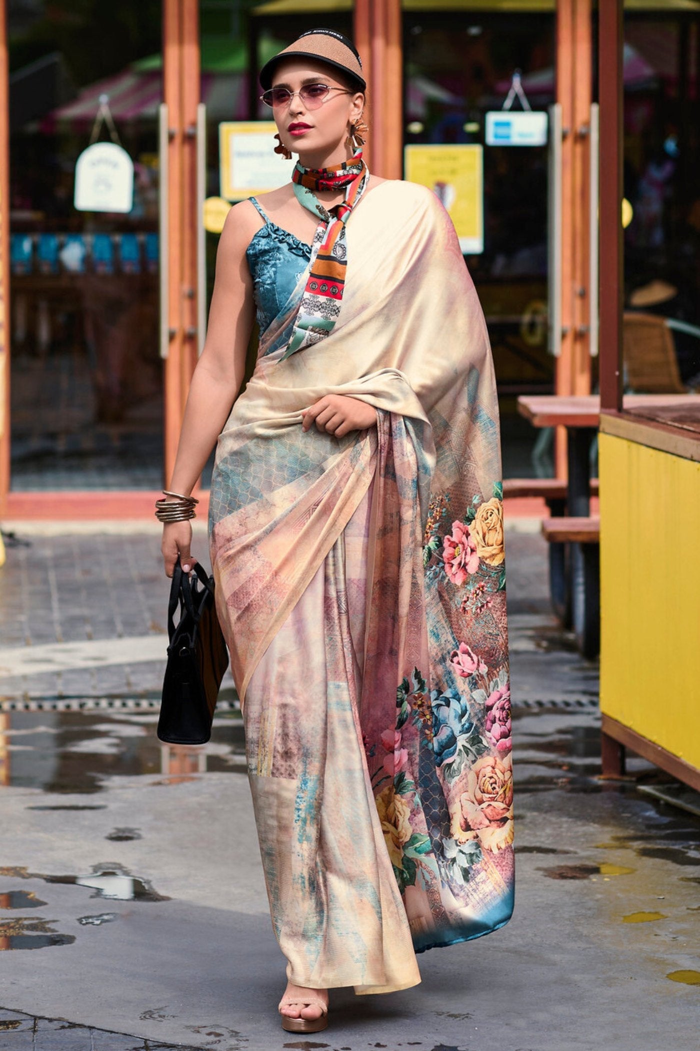 Almond Cream Printed Satin Crepe Silk Saree