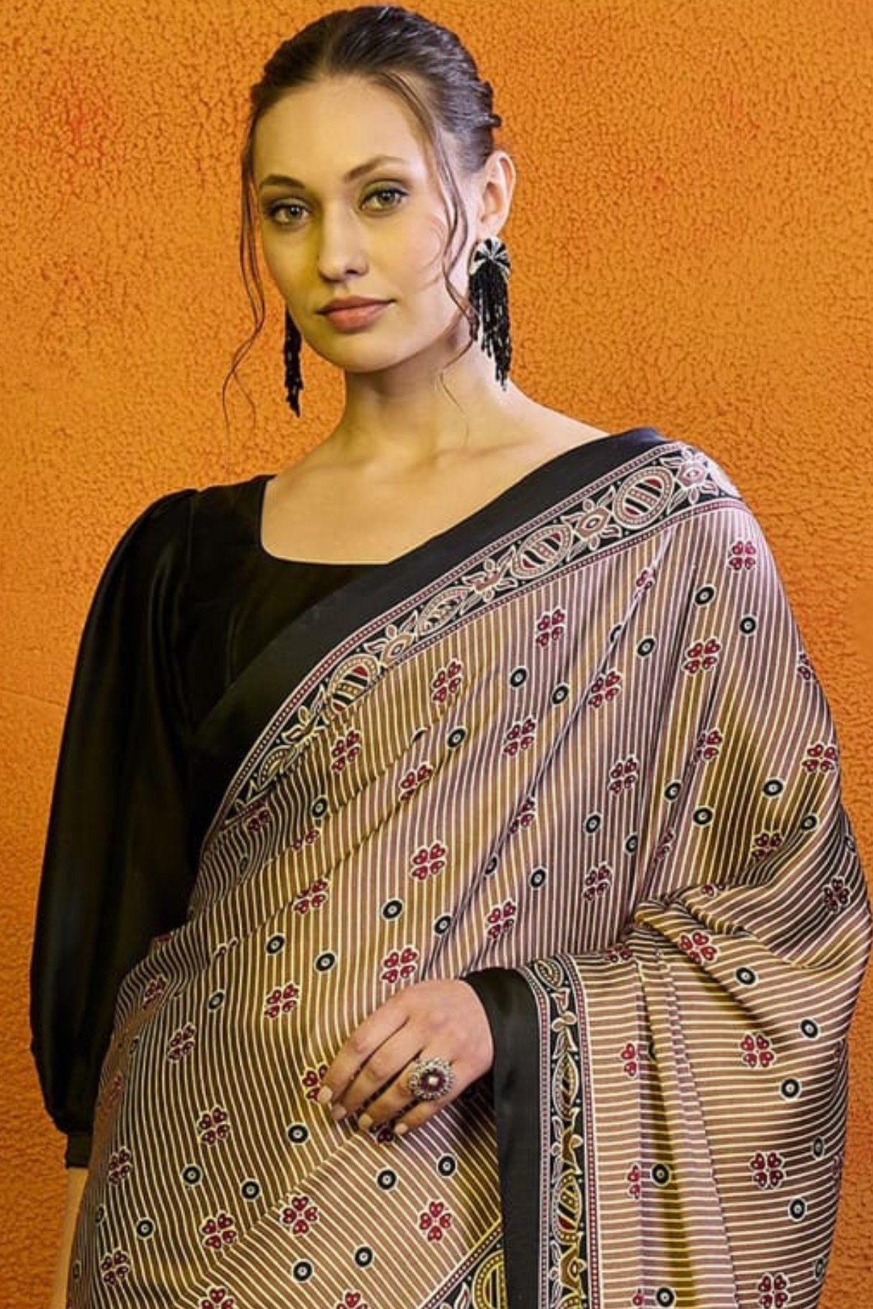 Americano Grey Printed Ajrakh Satin Crepe Saree