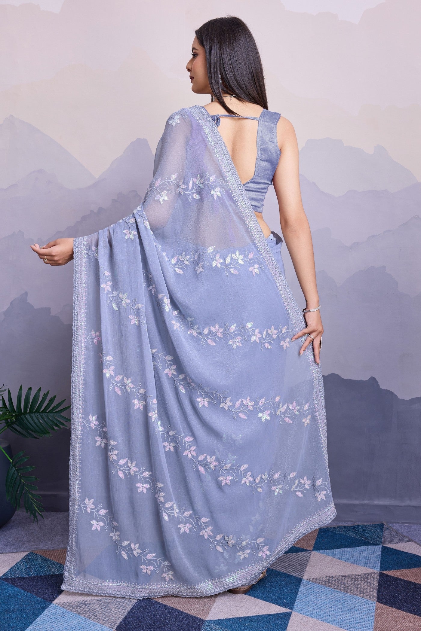 Columbia Blue Embroidered Designer Chiffon Saree