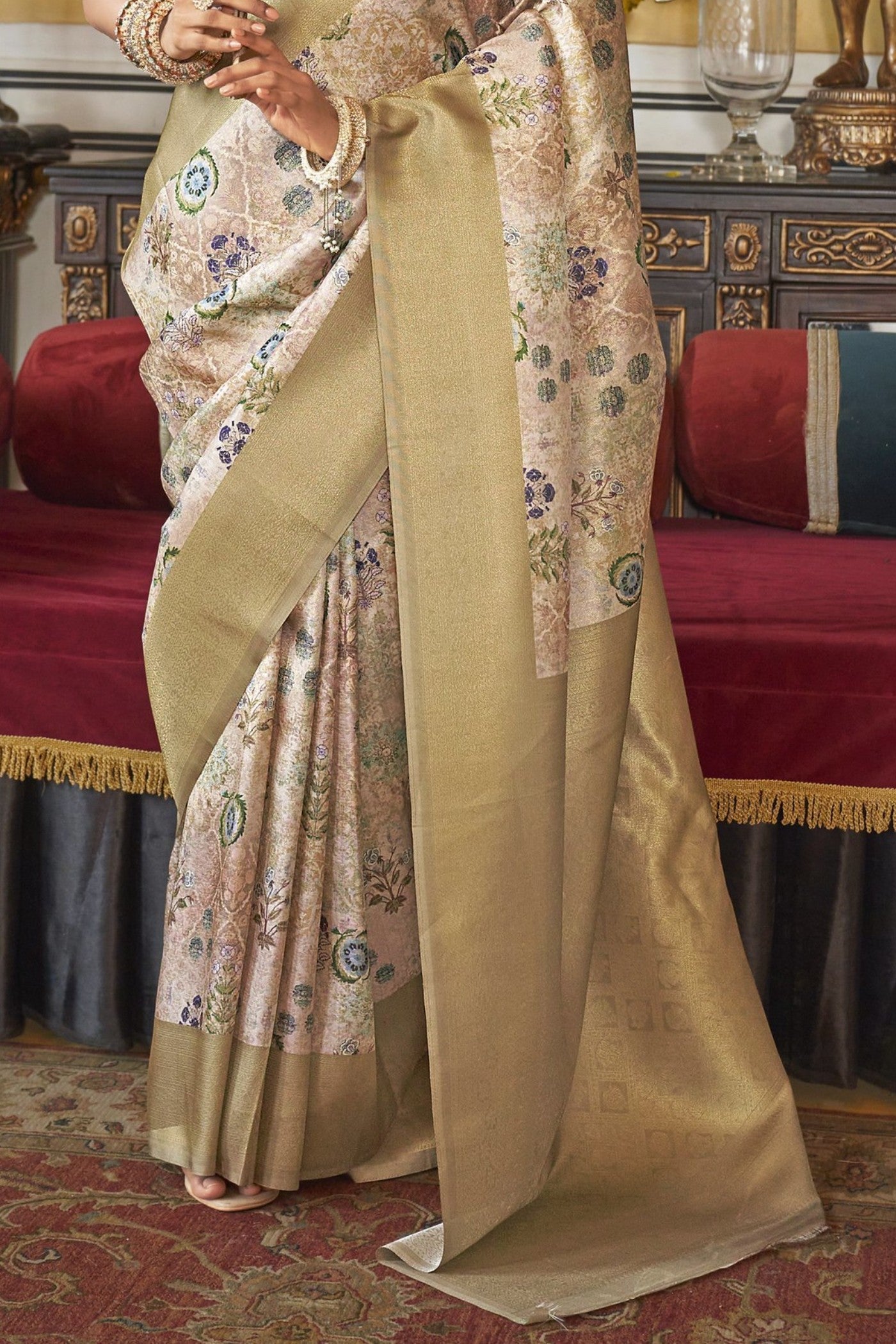 Pavlova Yellow and Cream Tussar Banarasi Digital Printed Saree