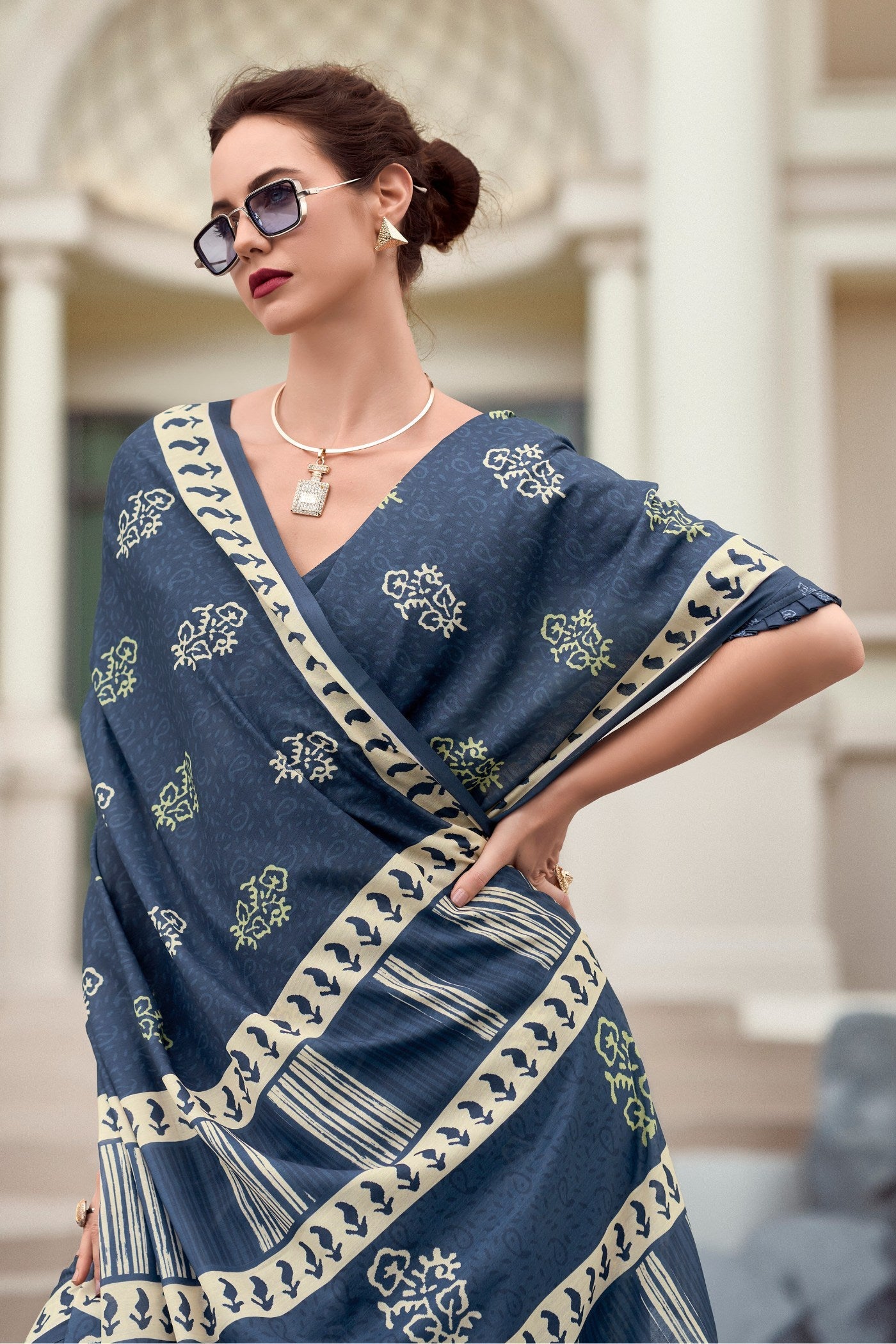 Fiord Blue Mul Mul Cotton Saree