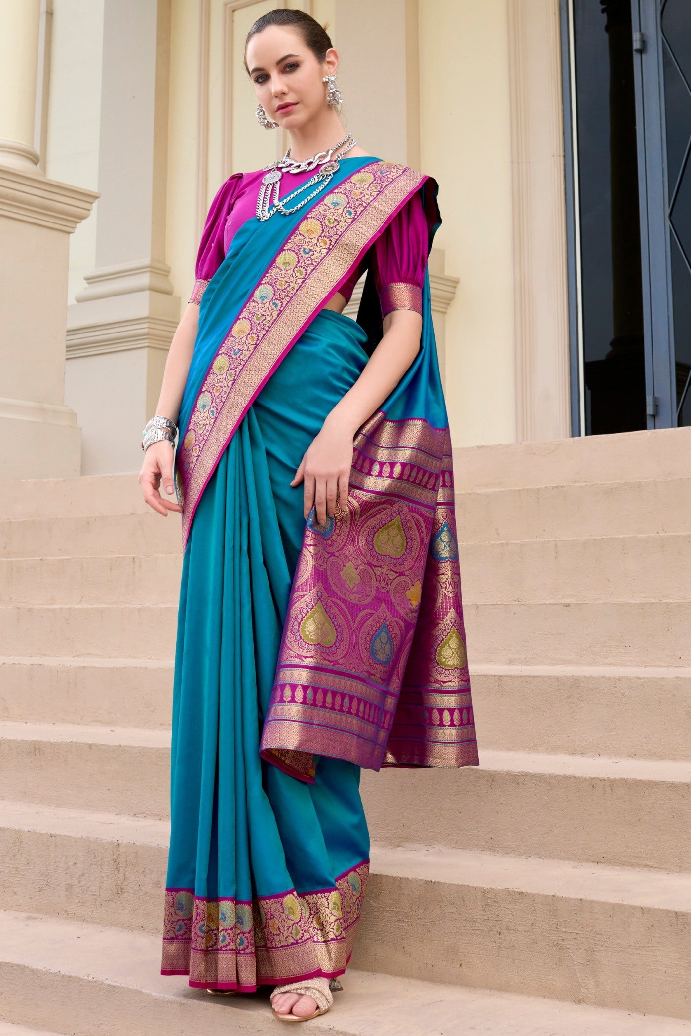 Bahama Blue Woven Banarasi Soft Silk Saree