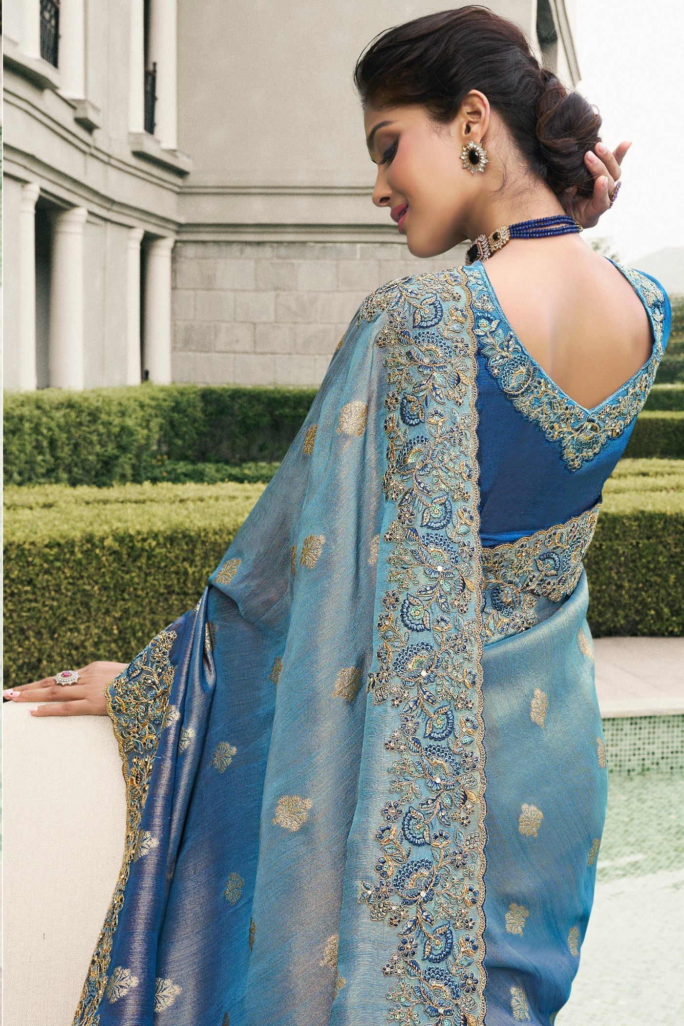 Lynch Blue Banarasi Designer Embroidered Saree