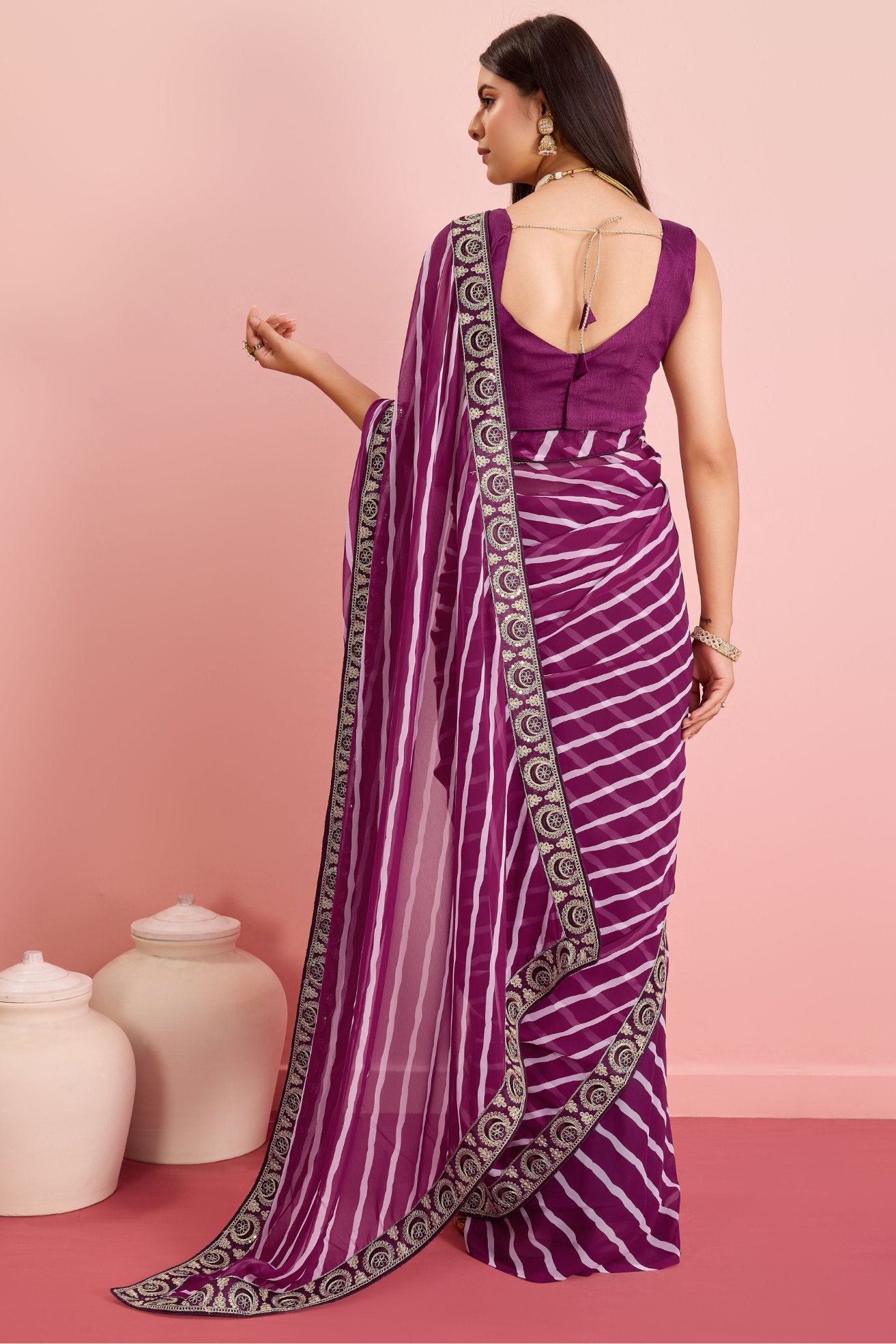 Claret Purple Georgette Lehriya Silk saree