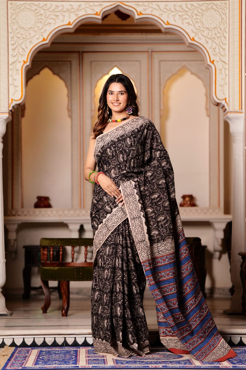 Woody Black Pure Cotton Handblock Printed Saree